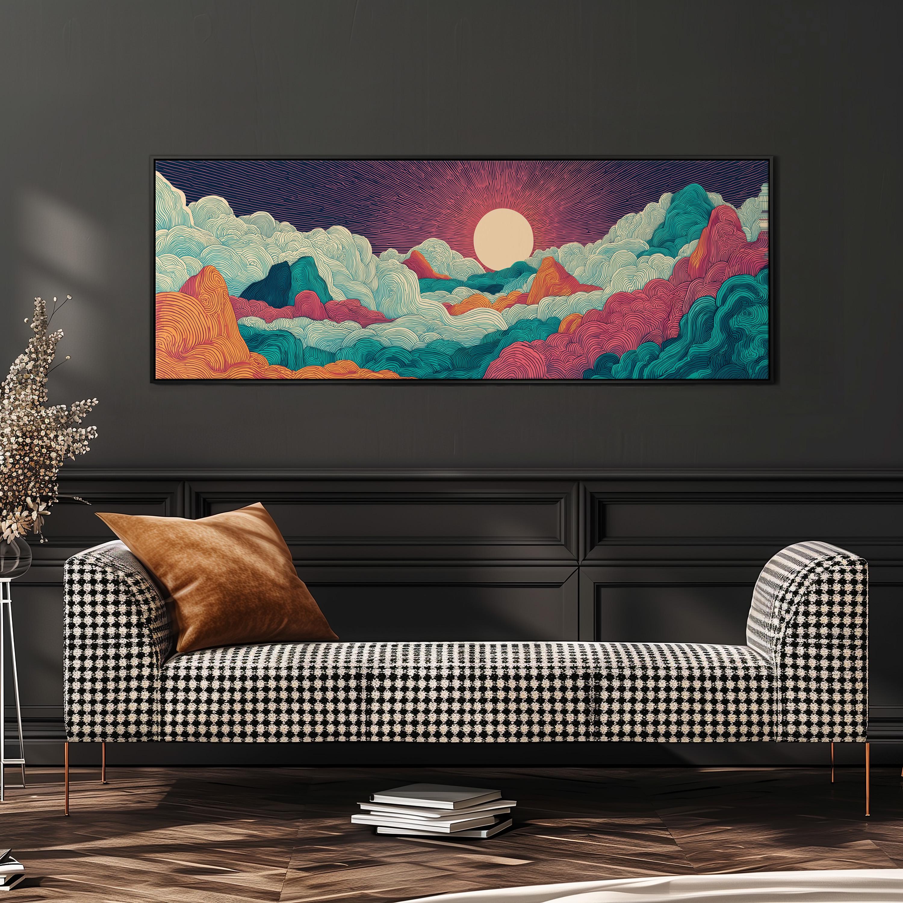 a large, colorful painting of a mountainous landscape with a bright sun in the sky, hanging on a wall above a black and white checkered sofa.