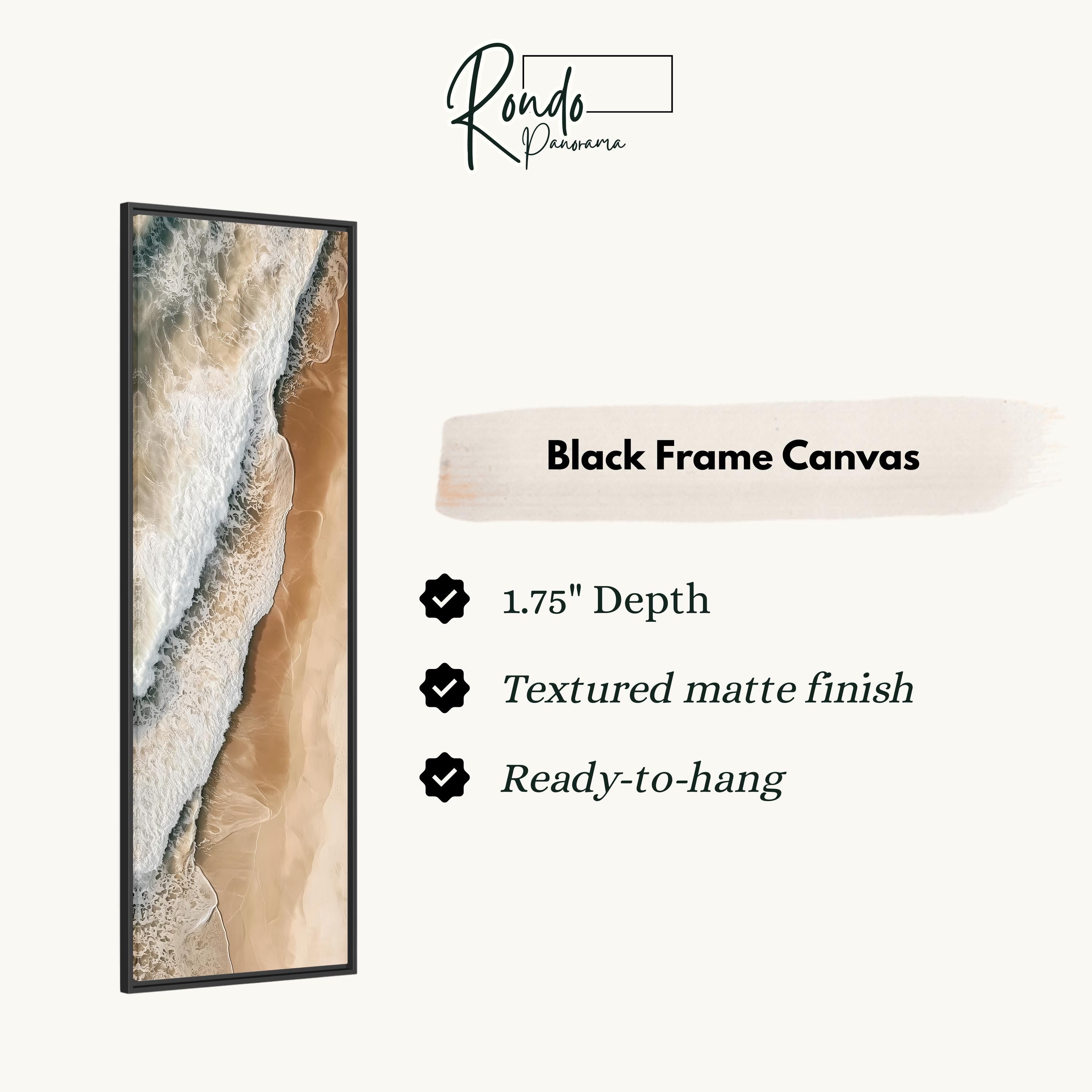 The image is a black frame canvas with a beach scene, featuring a 1.75" depth and a textured matte finish. It is ready to hang.