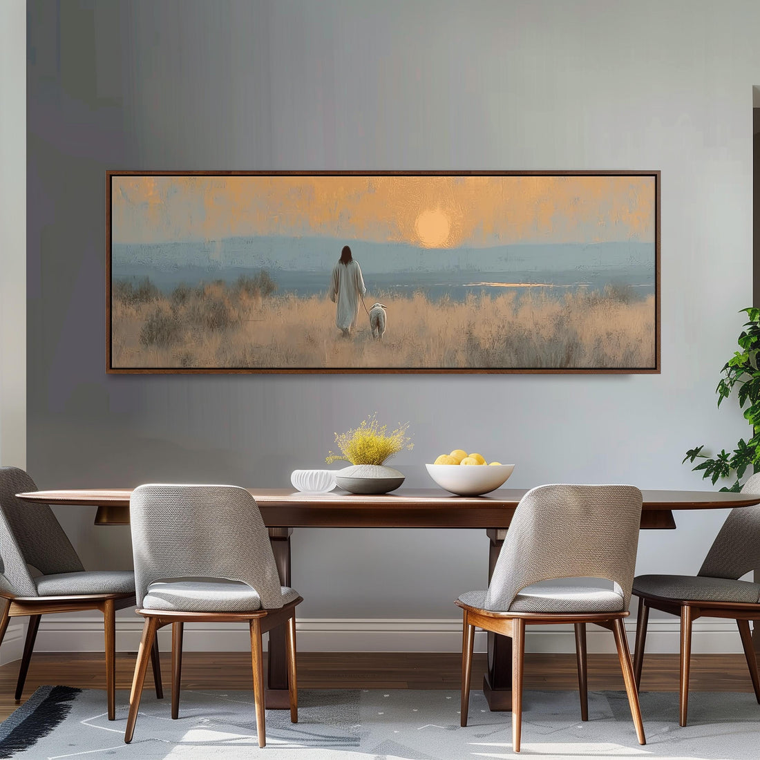 a large painting of a person walking a dog in a field, with a bowl of fruit and a vase of flowers on the table in front of it.