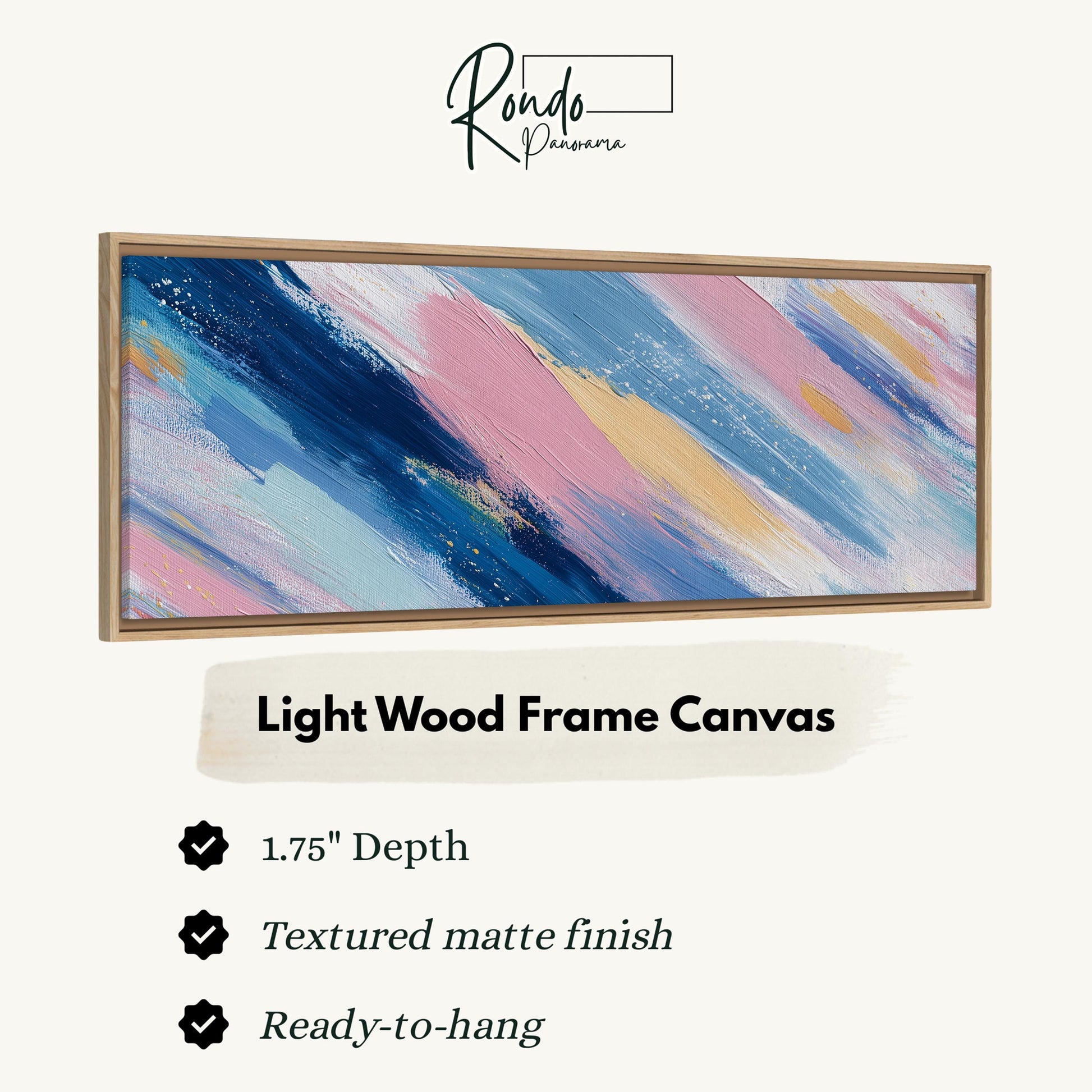 The image is a product advertisement for a light wood frame canvas. It features a colorful abstract painting in a frame, with text providing details about the product.