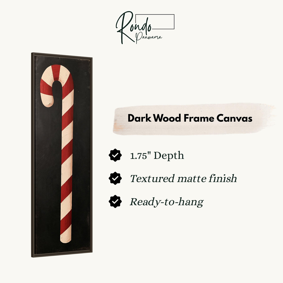 Single candy cane on black canvas print in a dark wood floating frame