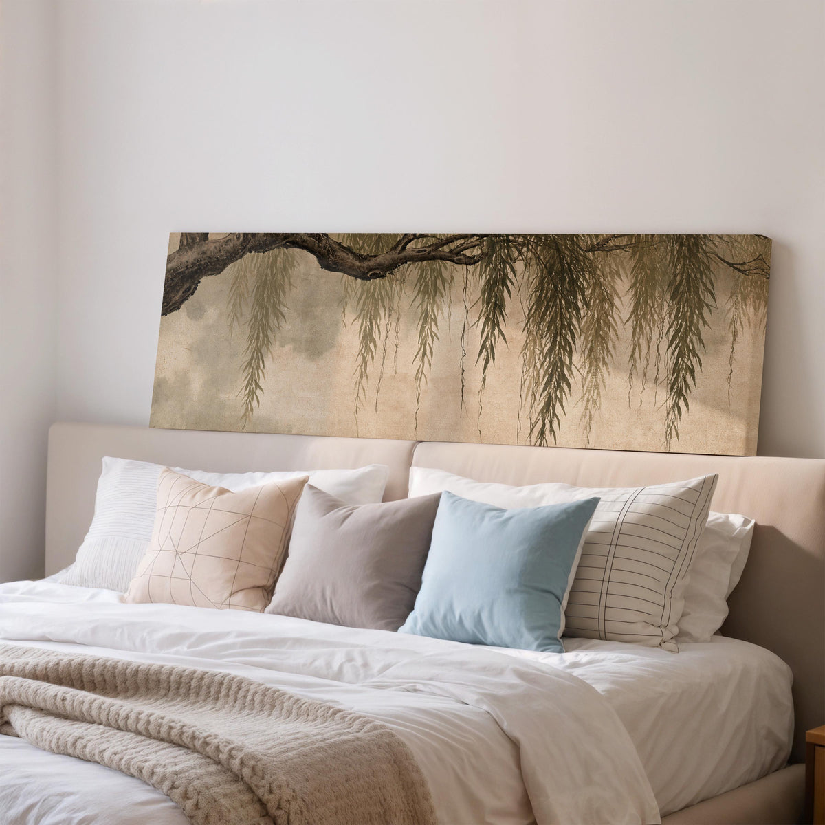 Hanging willow branches wide panoramic canvas print above a bed in a bedroom