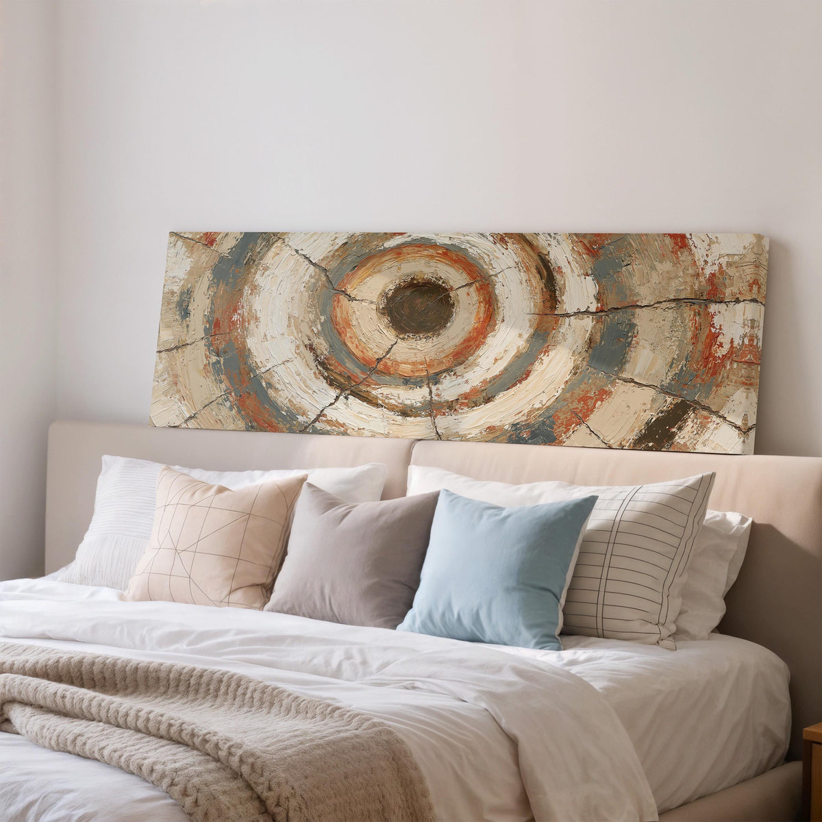 Rust and navy textured tree ring wide panoramic canvas print above a bed in a bedroom