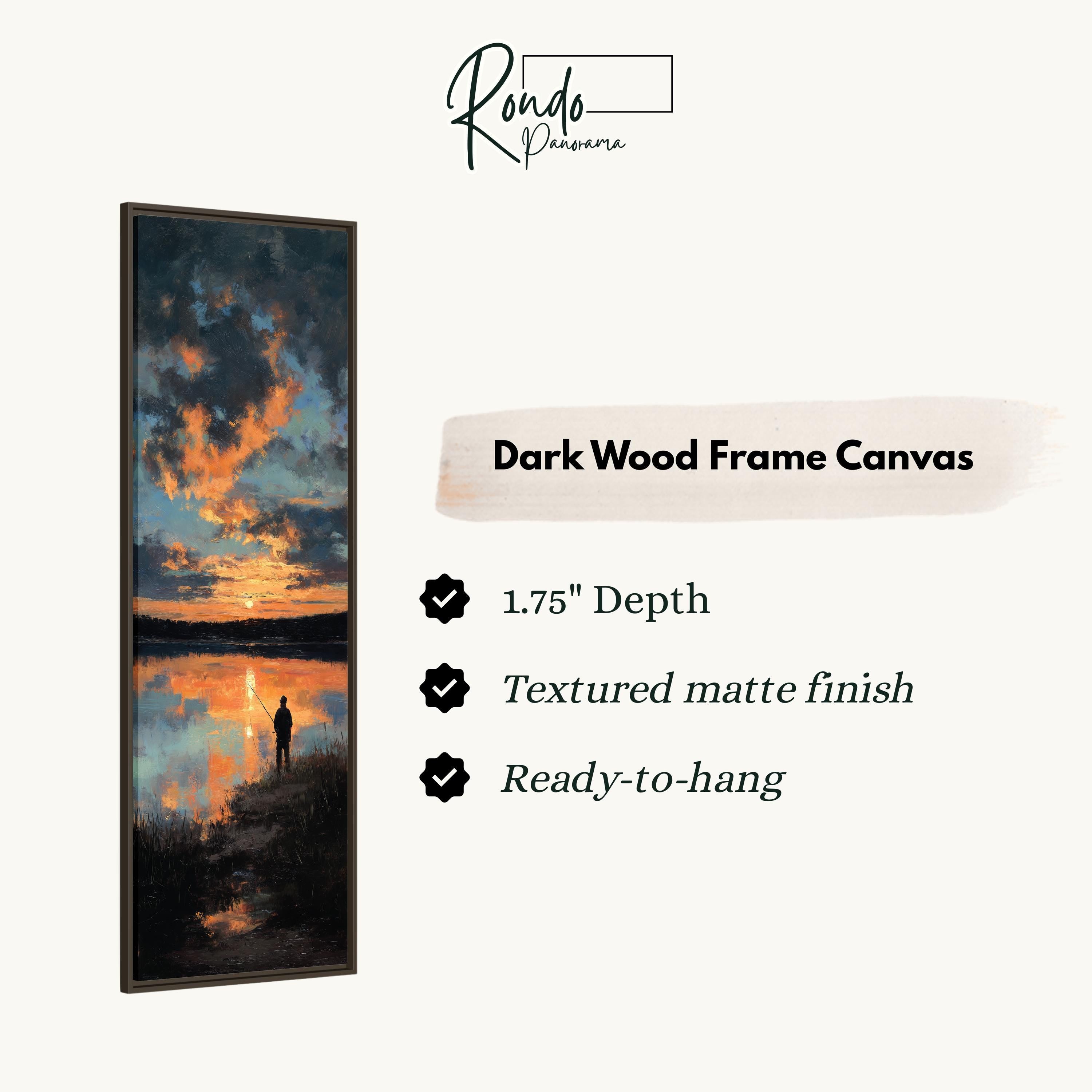 The image is a dark wood frame canvas depicting a sunset over a body of water.
