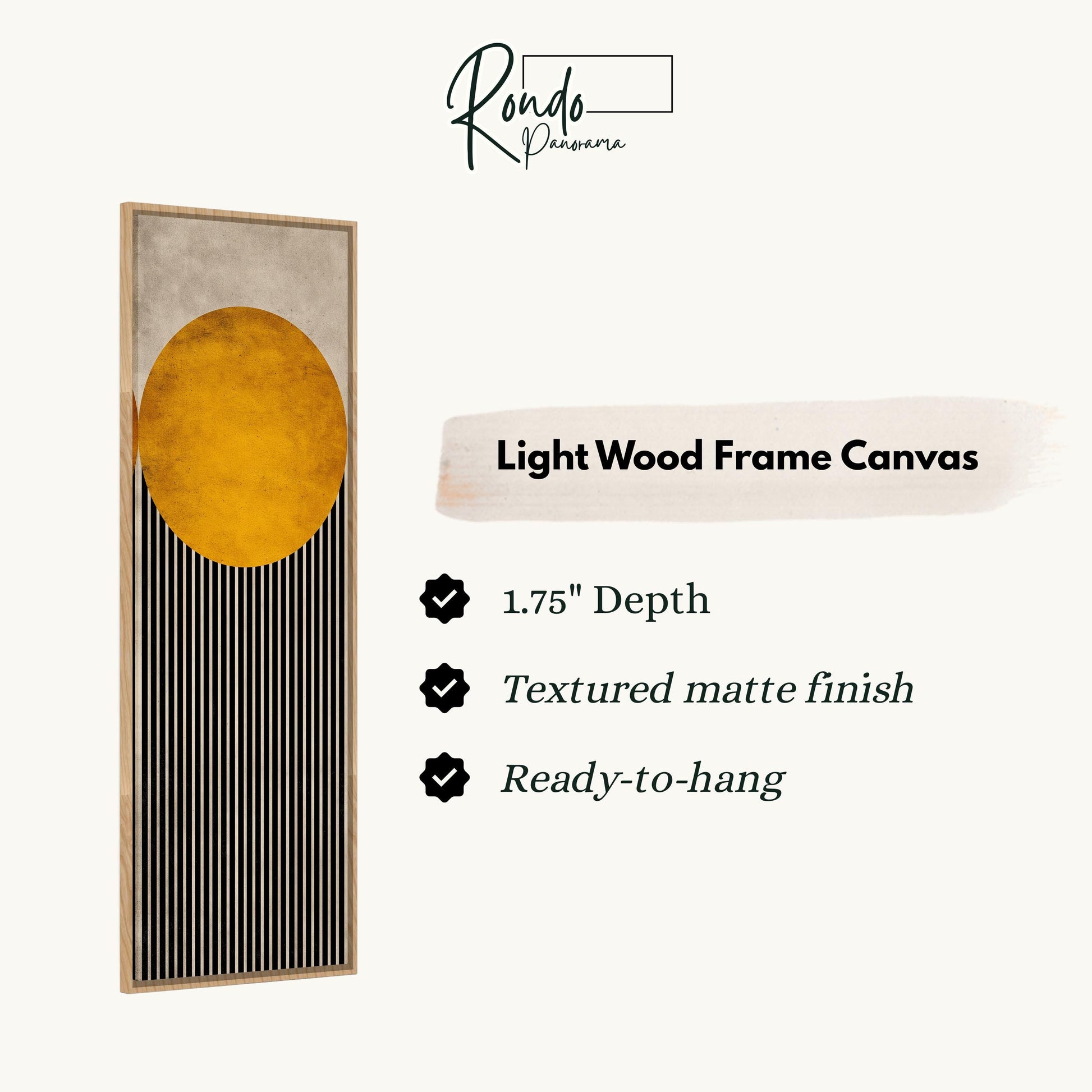 The image is a product description for a light wood frame canvas. It features a black and white striped design with a large yellow circle on the left side. The canvas has a 1.75" depth, is textured with a matte finish, and is ready to hang.