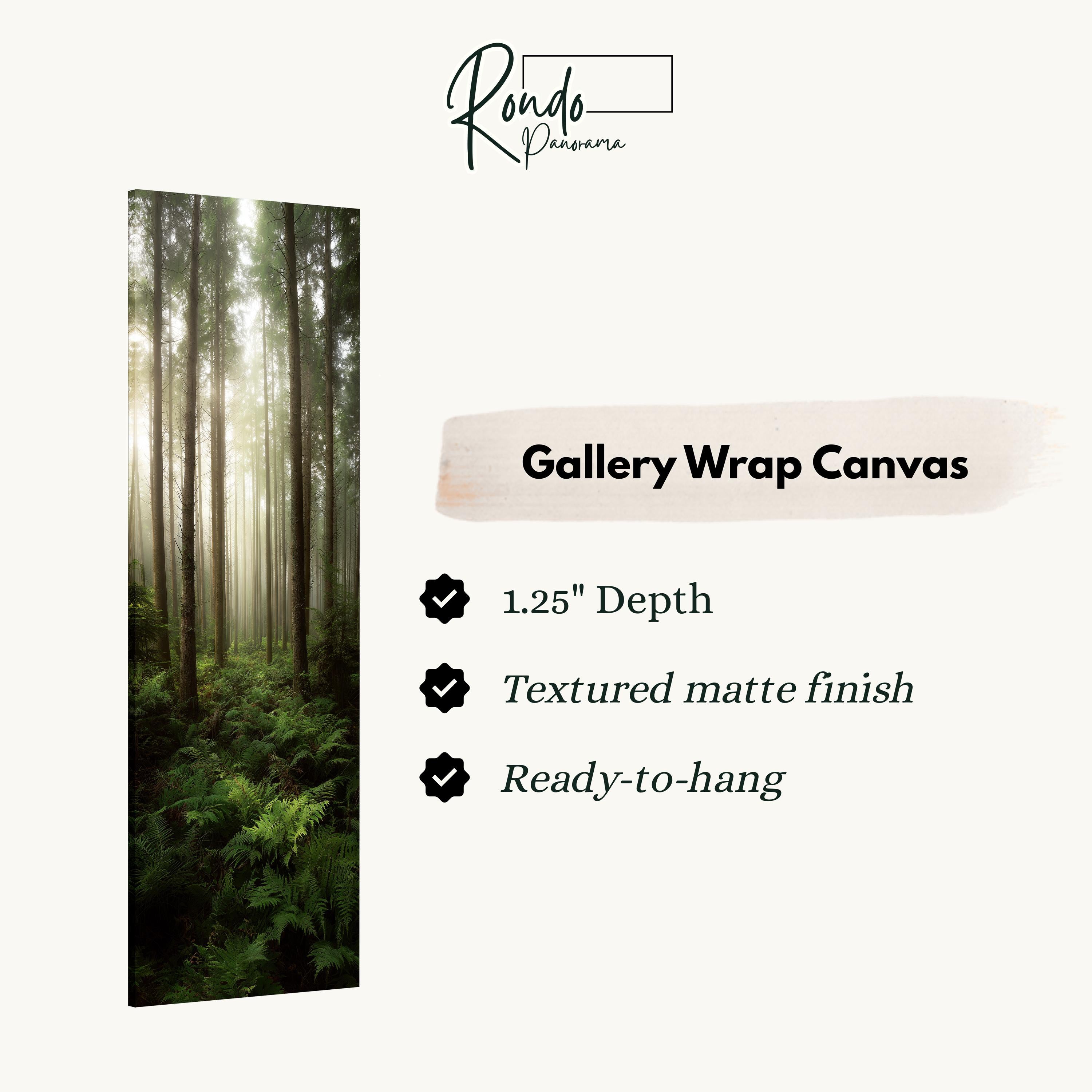 The image is a gallery wrap canvas featuring a forest scene with tall trees and lush greenery.