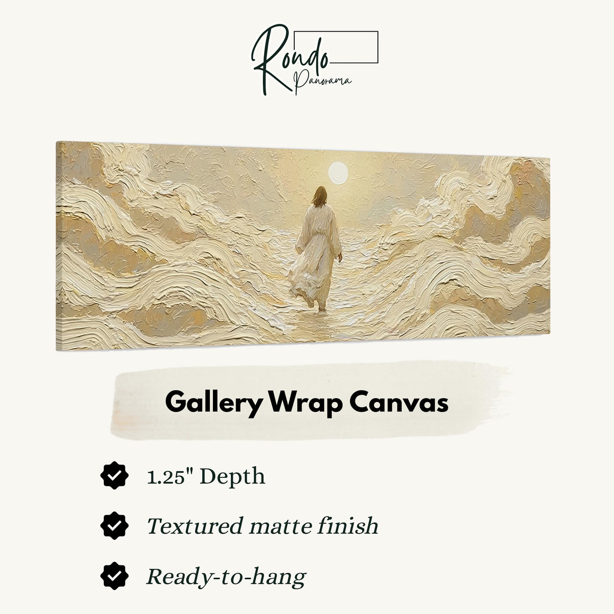 Jesus walking on golden waves gallery wrap canvas with the image wrapped around the edges
