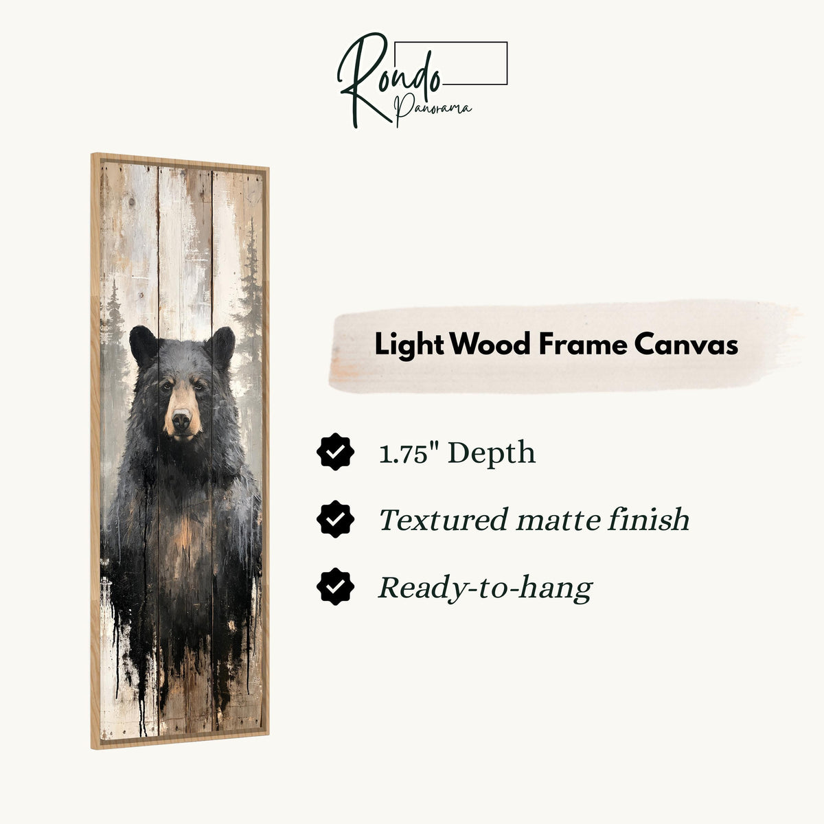 Black bear on weathered barn wood canvas print in a light wood floating frame