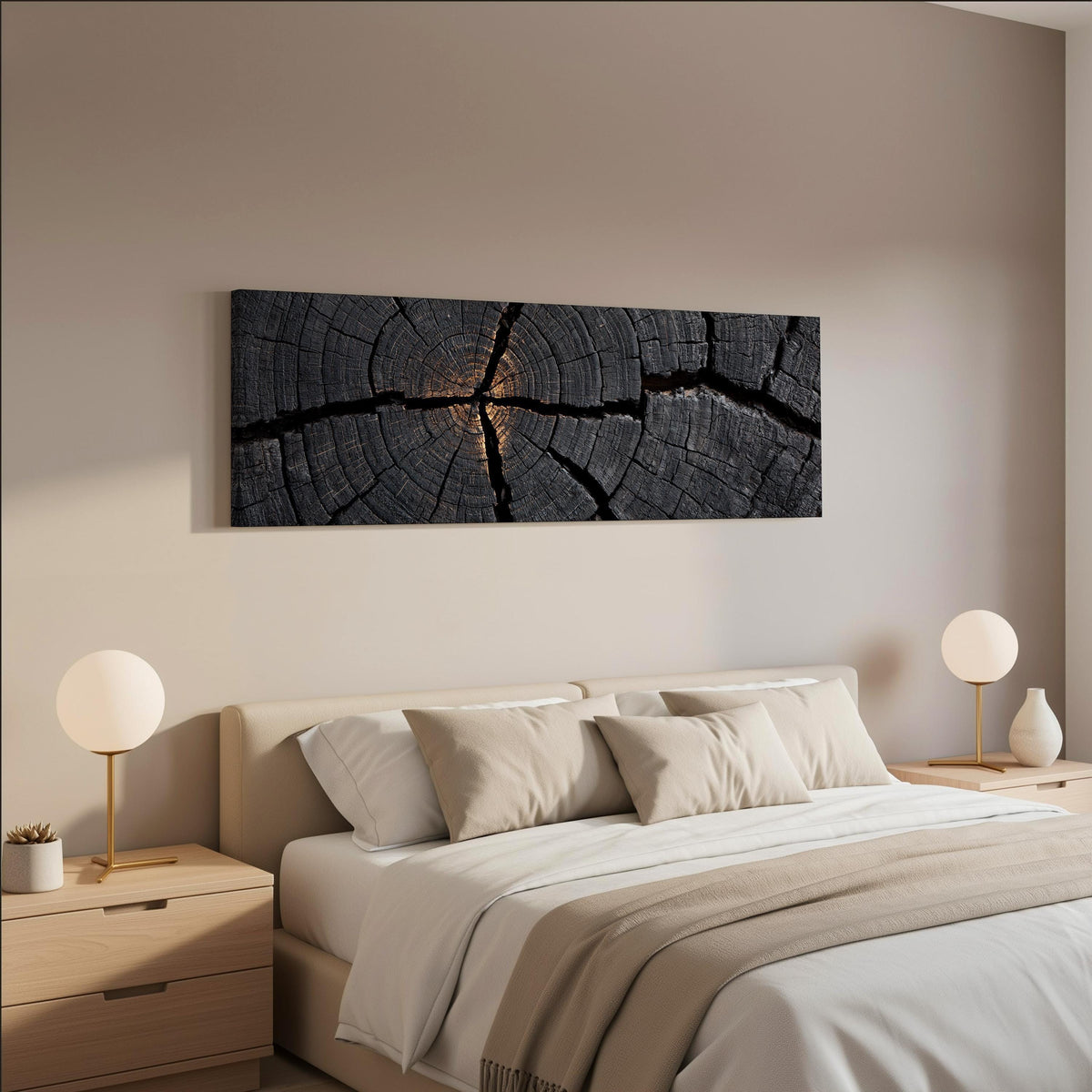Charcoal tree ring cross section wide panoramic canvas print above a bed in a neutral bedroom