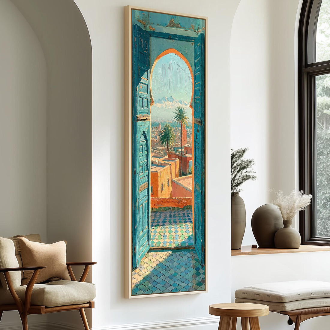Moroccan town seen through a blue doorway long vertical canvas print in a sunlit living space