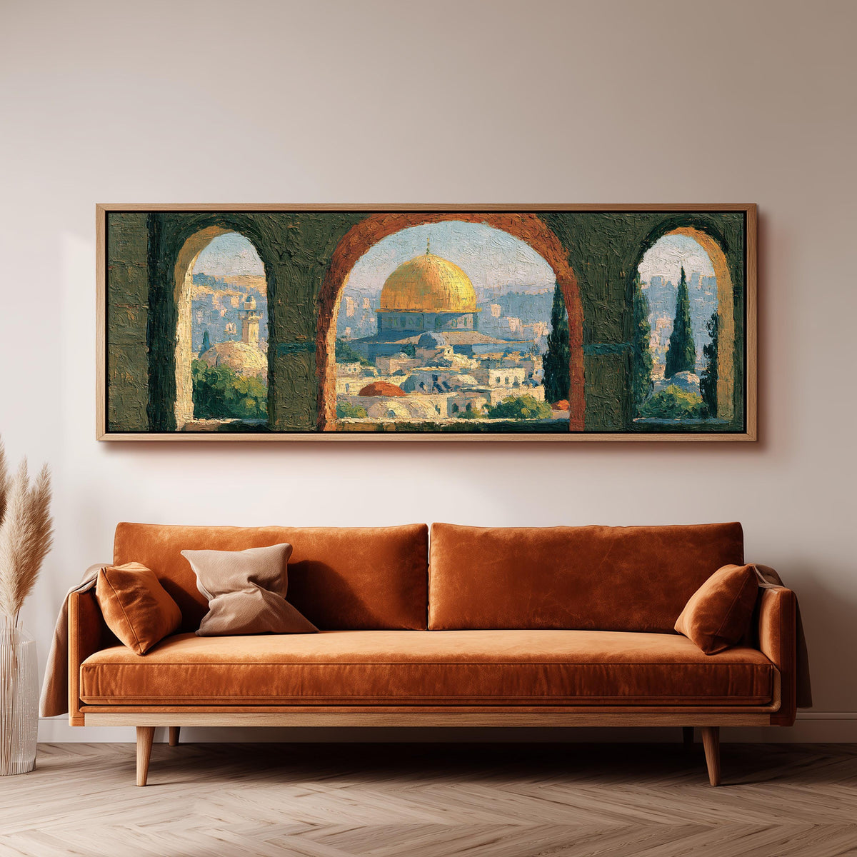 Dome of the Rock seen through stone arches panoramic canvas print above a sofa in a living room