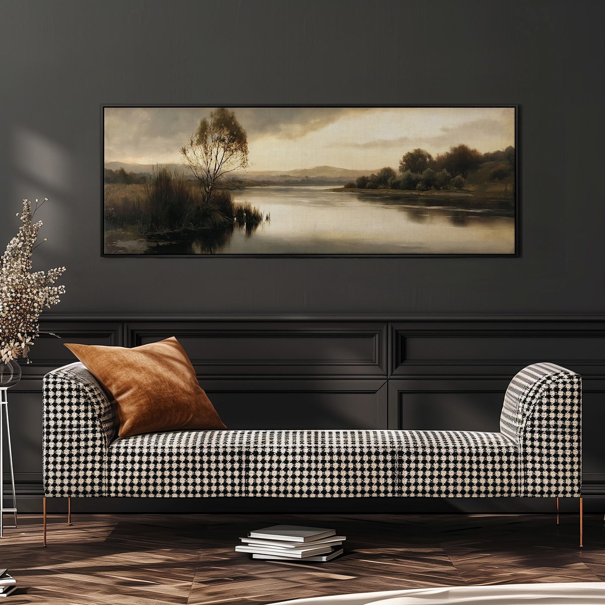 Misty river reflection at dusk wide panoramic canvas print above a bench in a dark living room