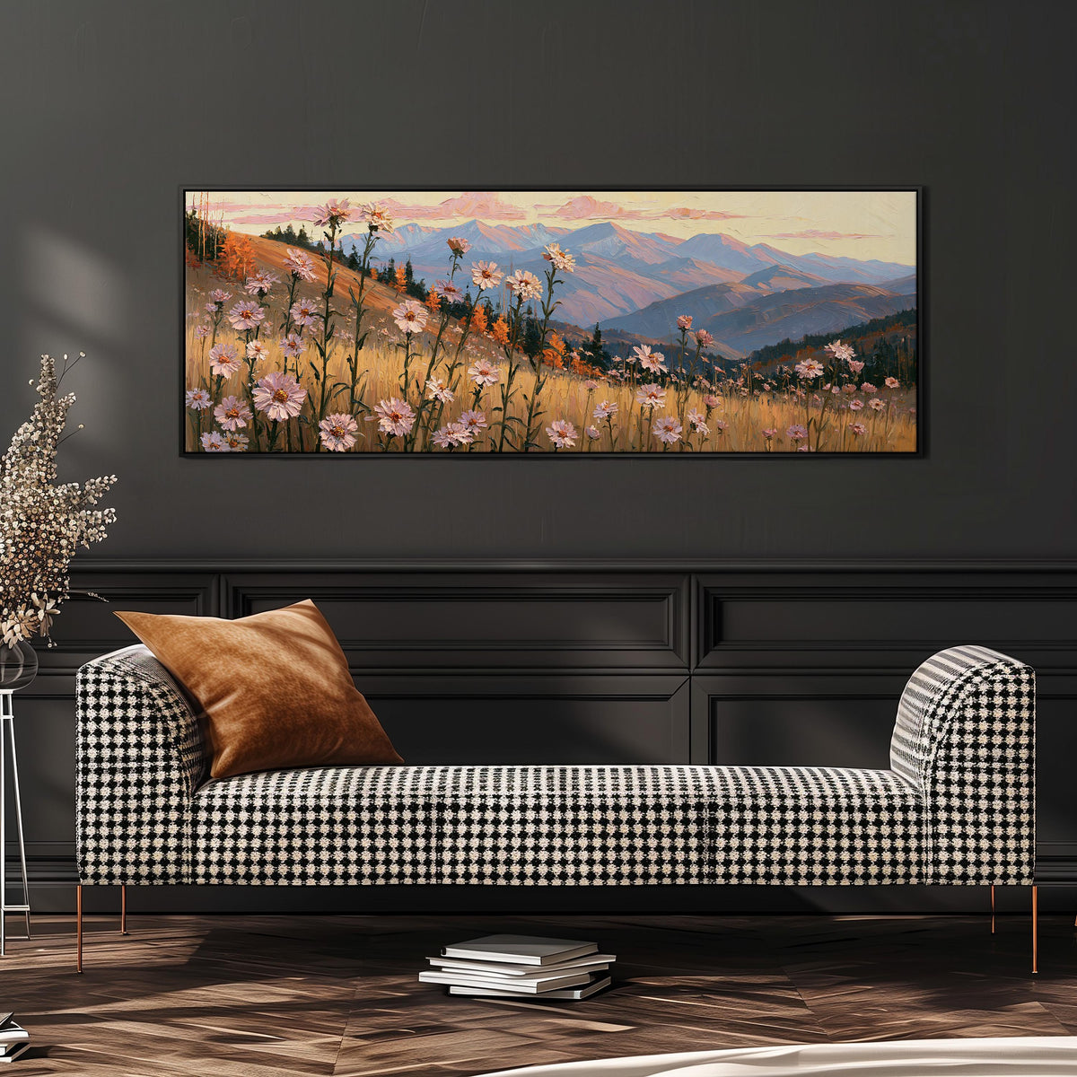 Wildflower meadow with mountains wide panoramic canvas print above a bench in a dark living room