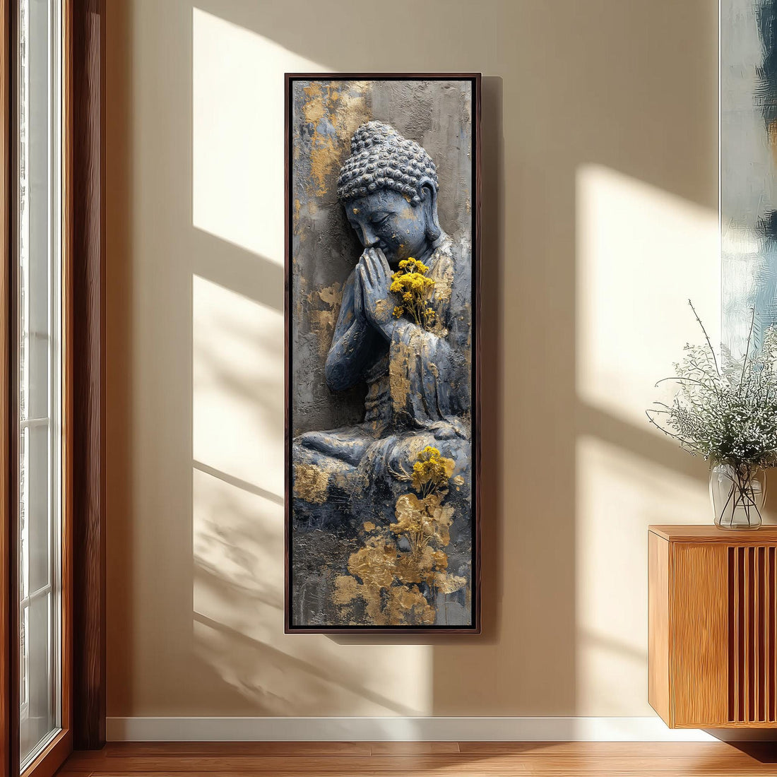 a large Buddha statue with a serene expression, surrounded by a lush green plant and a wooden staircase.