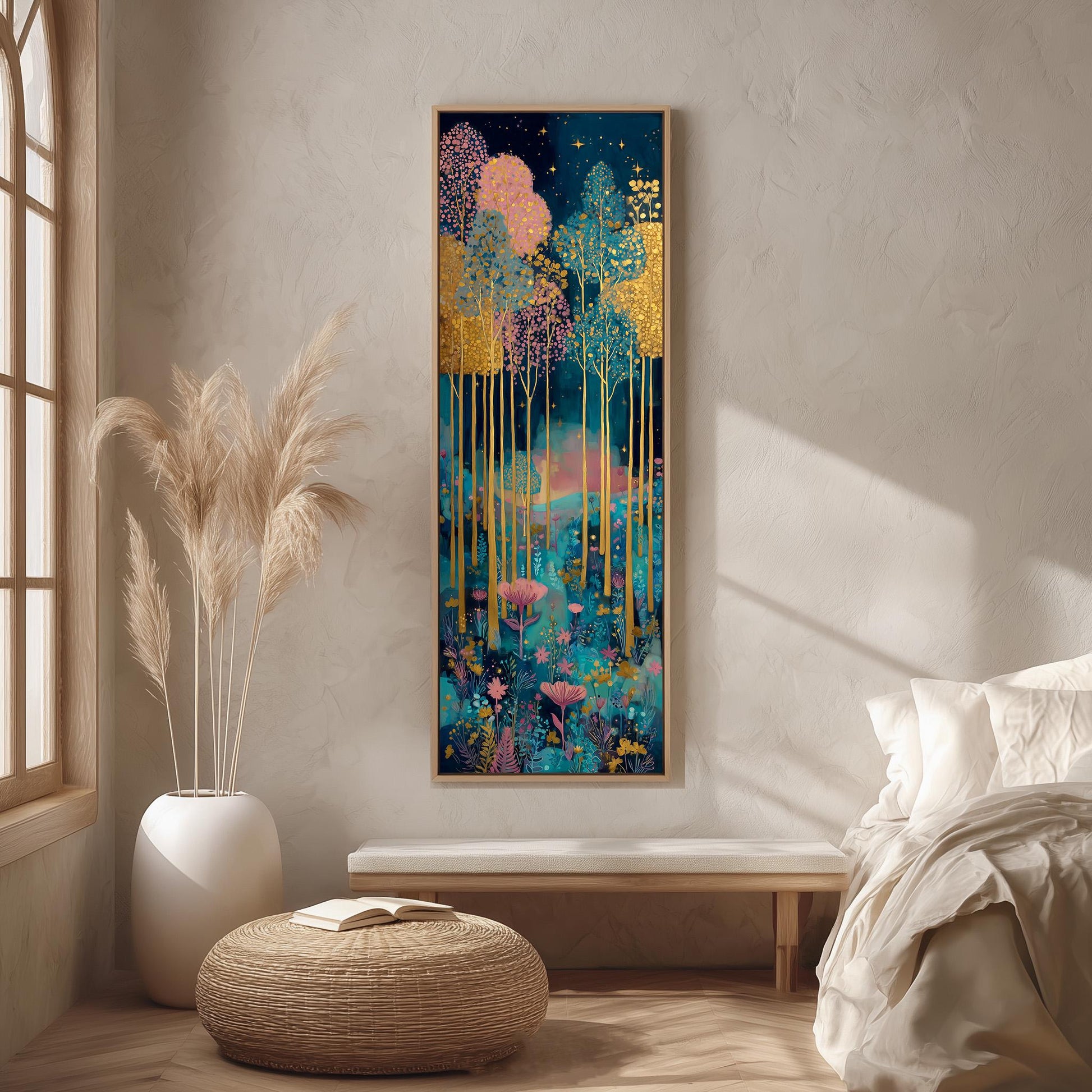 a large, colorful painting of a forest scene hanging on a wall in a room with a bed, a wicker ottoman, and a potted plant.