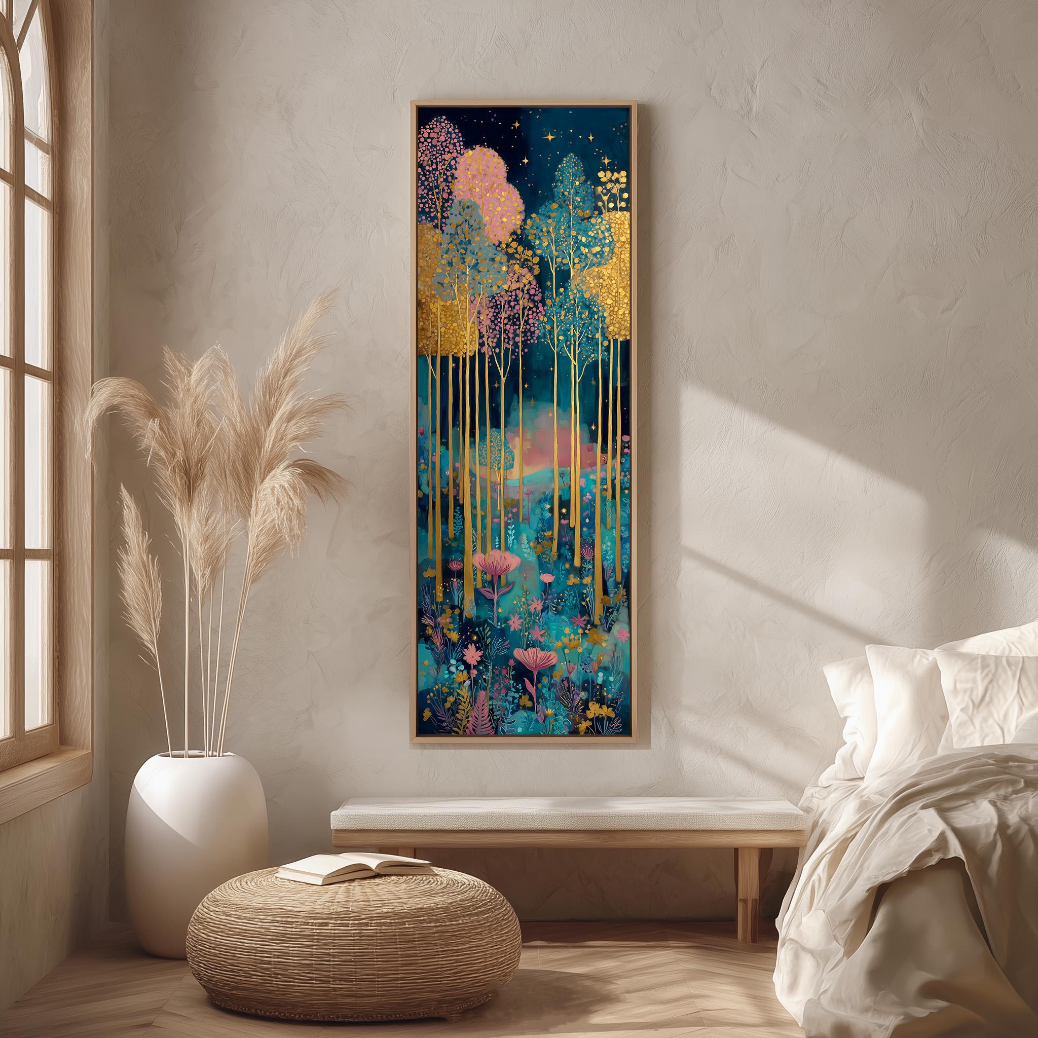 a large, colorful painting of a forest scene hanging on a wall in a room with a bed, a wicker ottoman, and a potted plant.