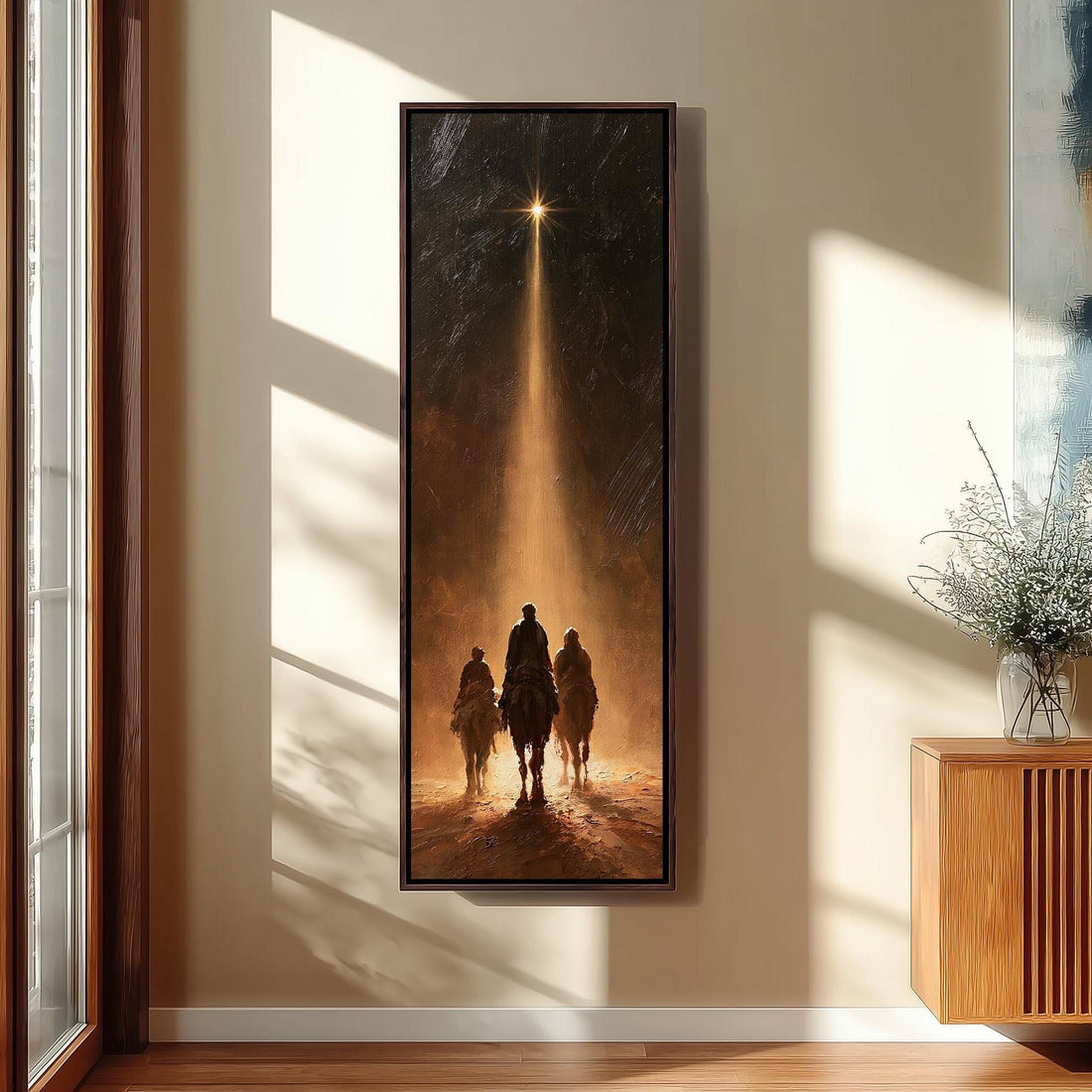 Three robed riders following a bright star long vertical canvas print in a sunlit living space