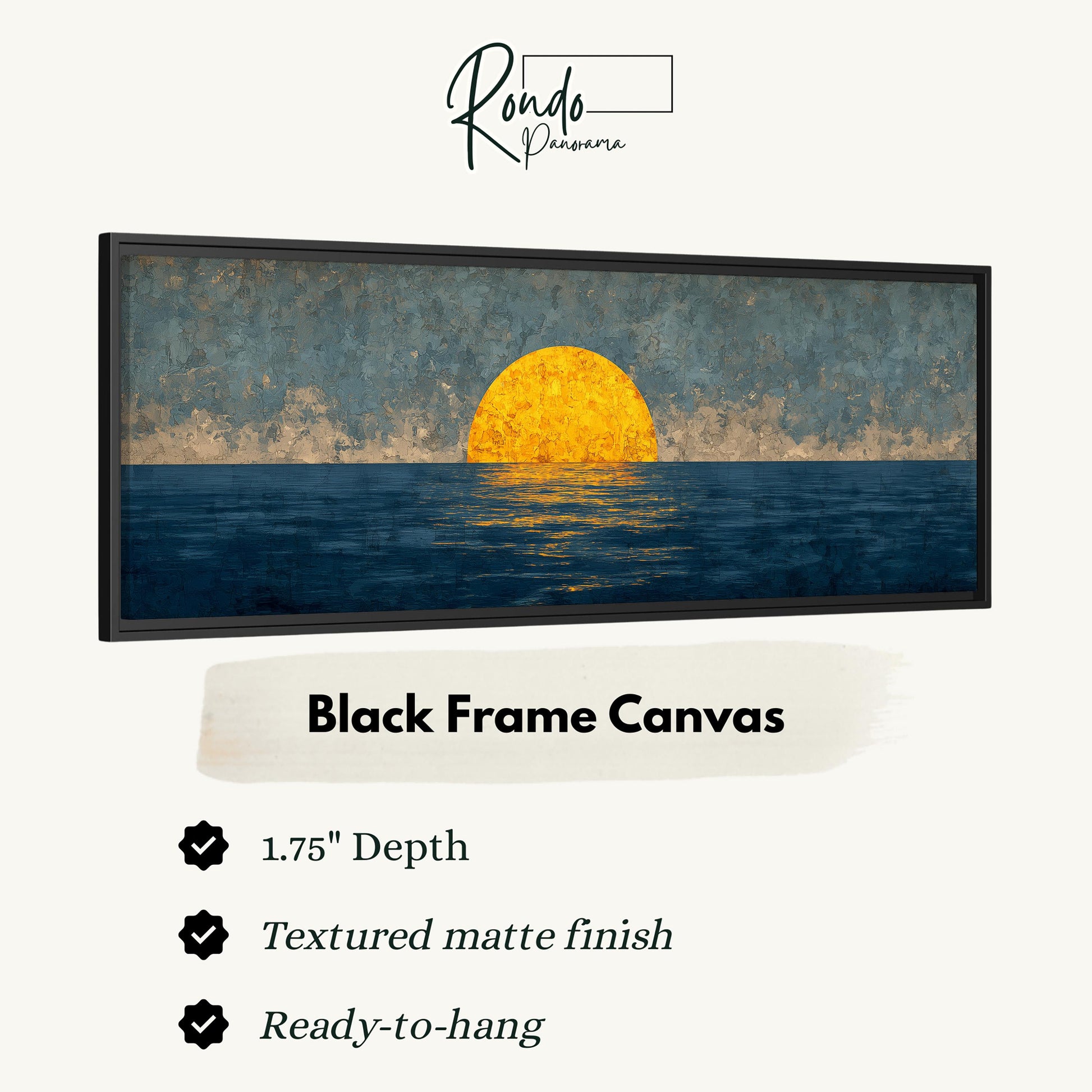 The image is a black frame canvas depicting a sunset over the ocean.