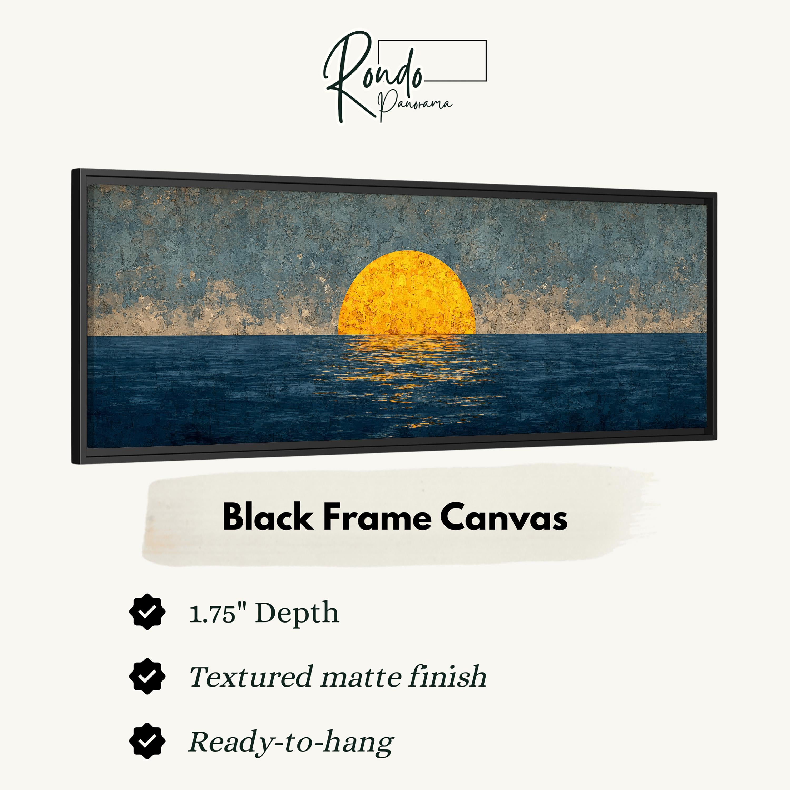 The image is a black frame canvas depicting a sunset over the ocean.