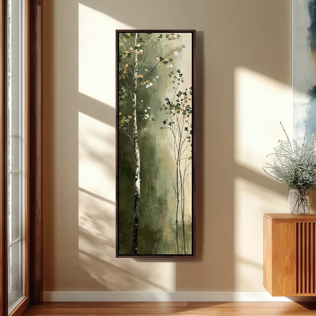 Birch trees in soft green light long vertical canvas print in a sunlit living space