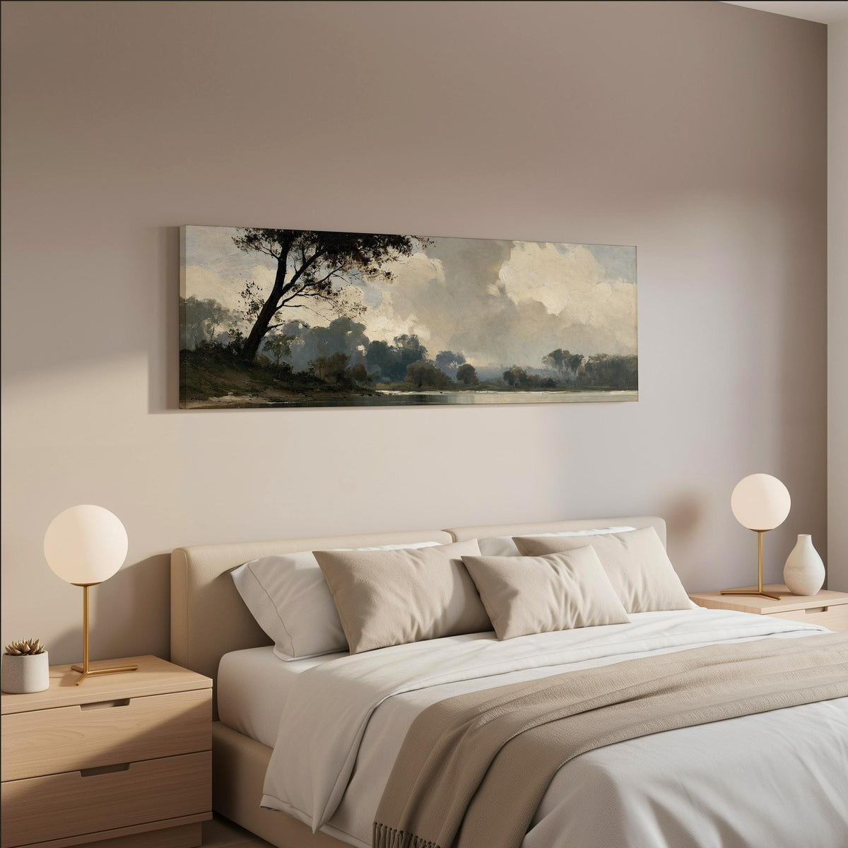 Misty river landscape in grey blue tones wide panoramic canvas print above a bed in a neutral bedroom
