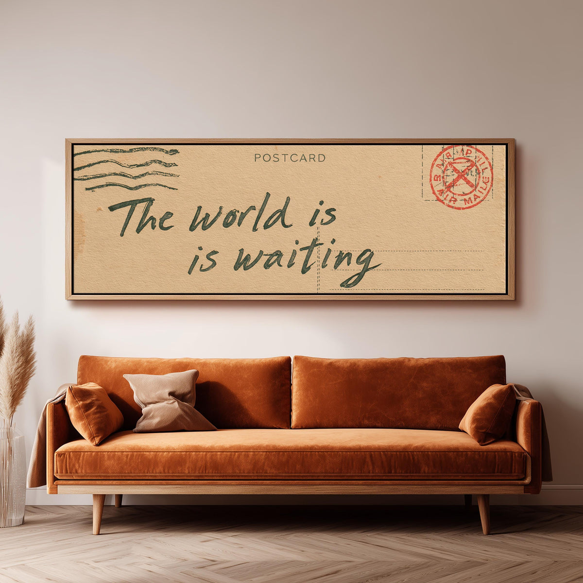 Vintage postcard saying the world is waiting panoramic canvas print above a sofa in a living room