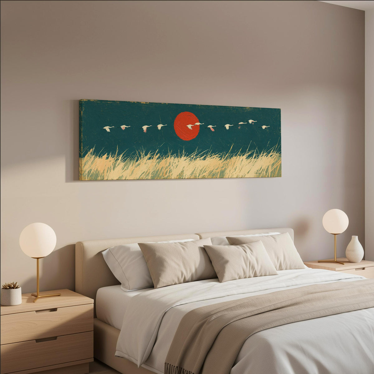 Bird flock over a prairie under a red sun wide panoramic canvas print above a bed in a neutral bedroom