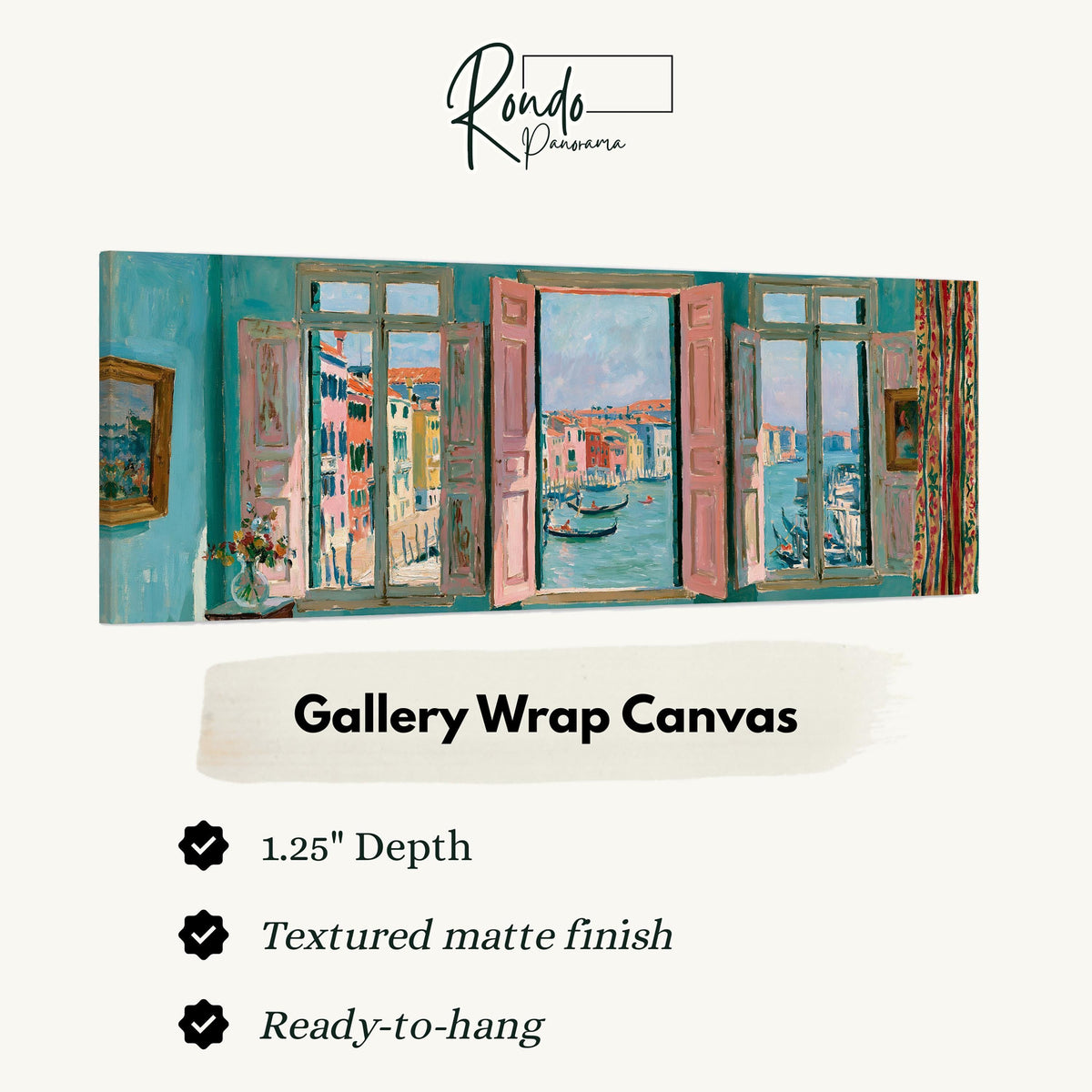 Venice canal and gondolas through a window gallery wrap canvas with the image wrapped around the edges
