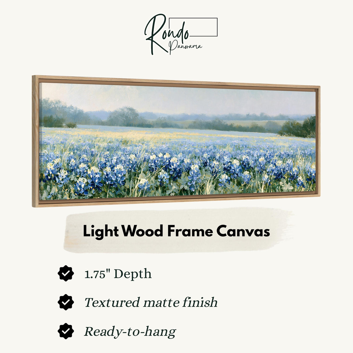 Field of bluebonnets canvas print in a light wood floating frame