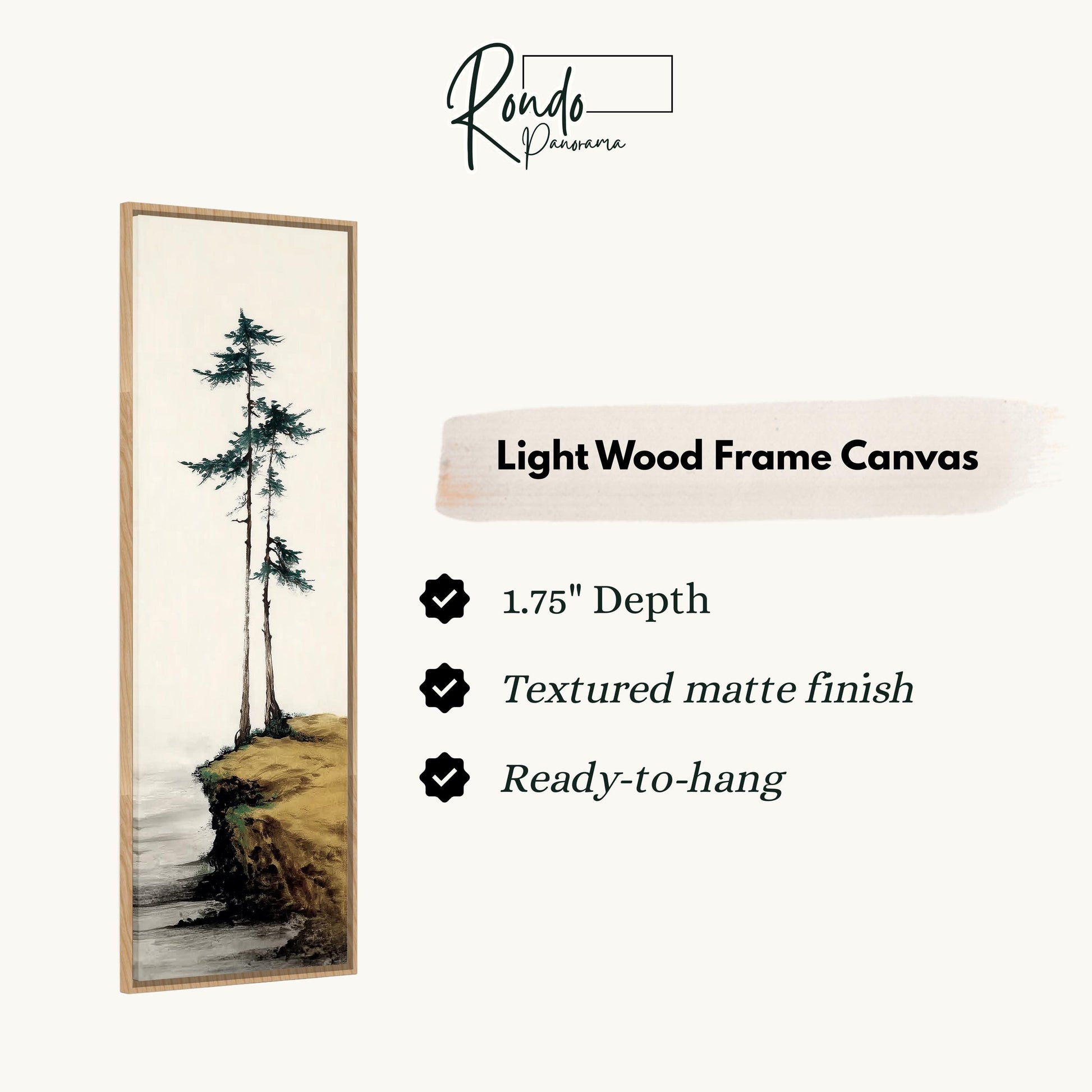 The image is a light wood frame canvas depicting a serene landscape with a tree on a cliff overlooking the water.