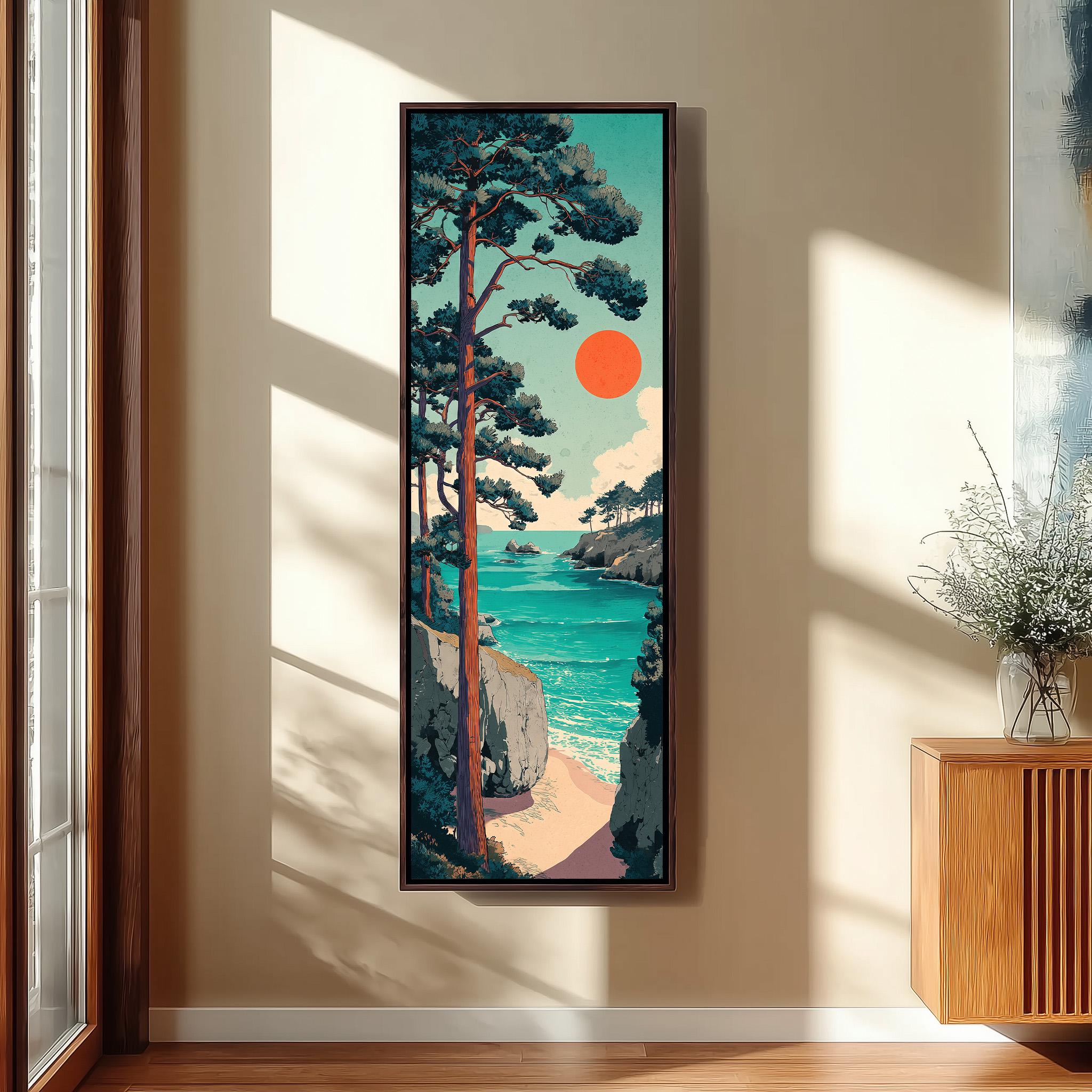 a large framed painting of a serene landscape with a beach, trees, and a bright orange sun in the sky.