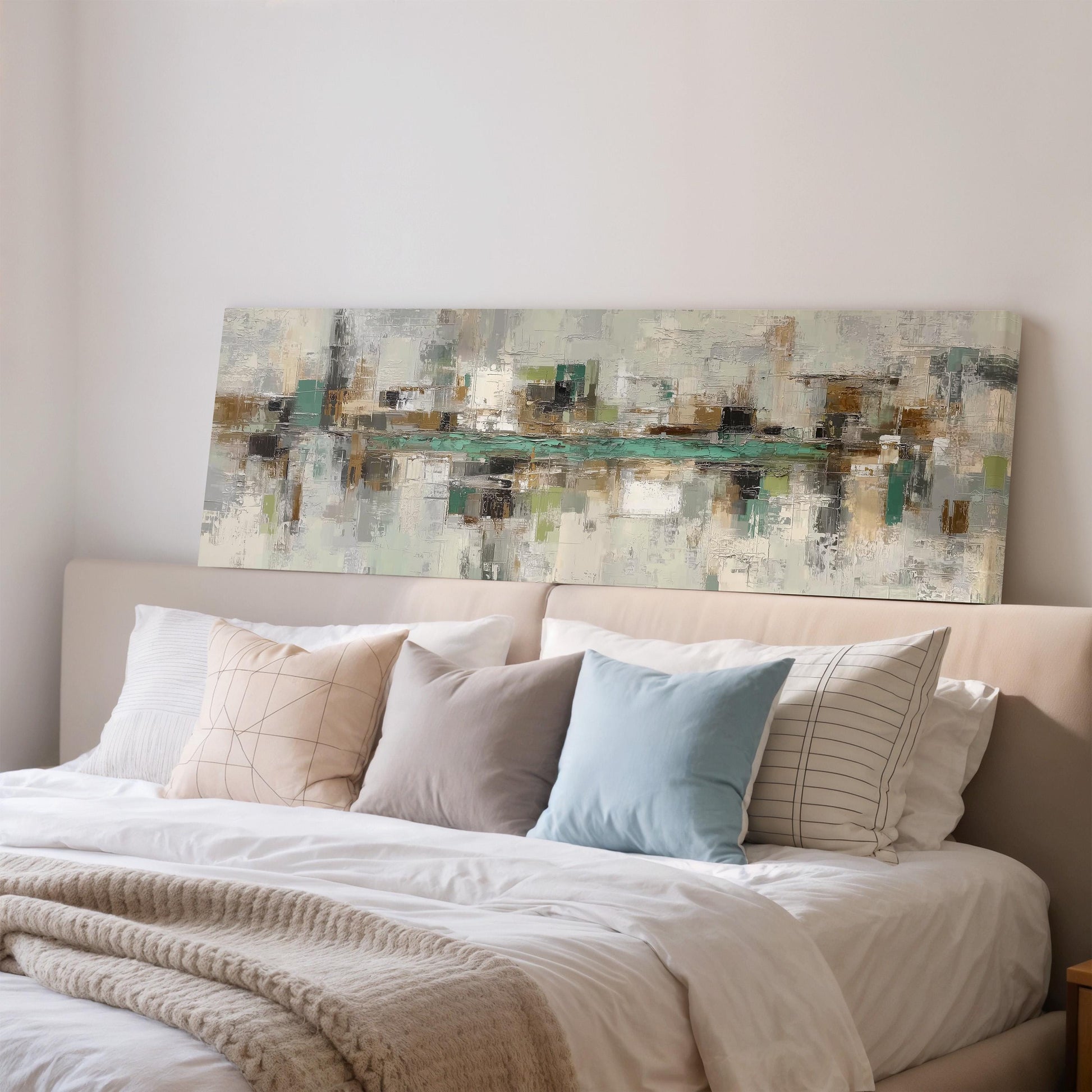 a large abstract painting hanging on a wall above a bed with white bedding and multiple pillows.