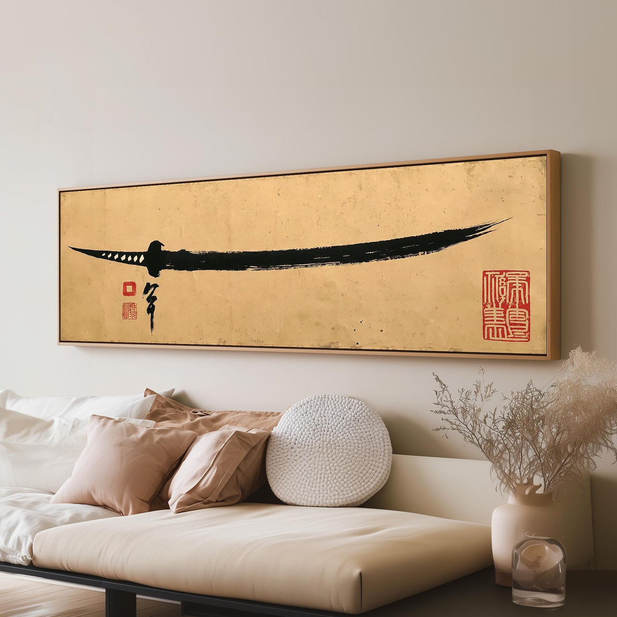 Ink brush katana panoramic canvas print above a sofa in a living room