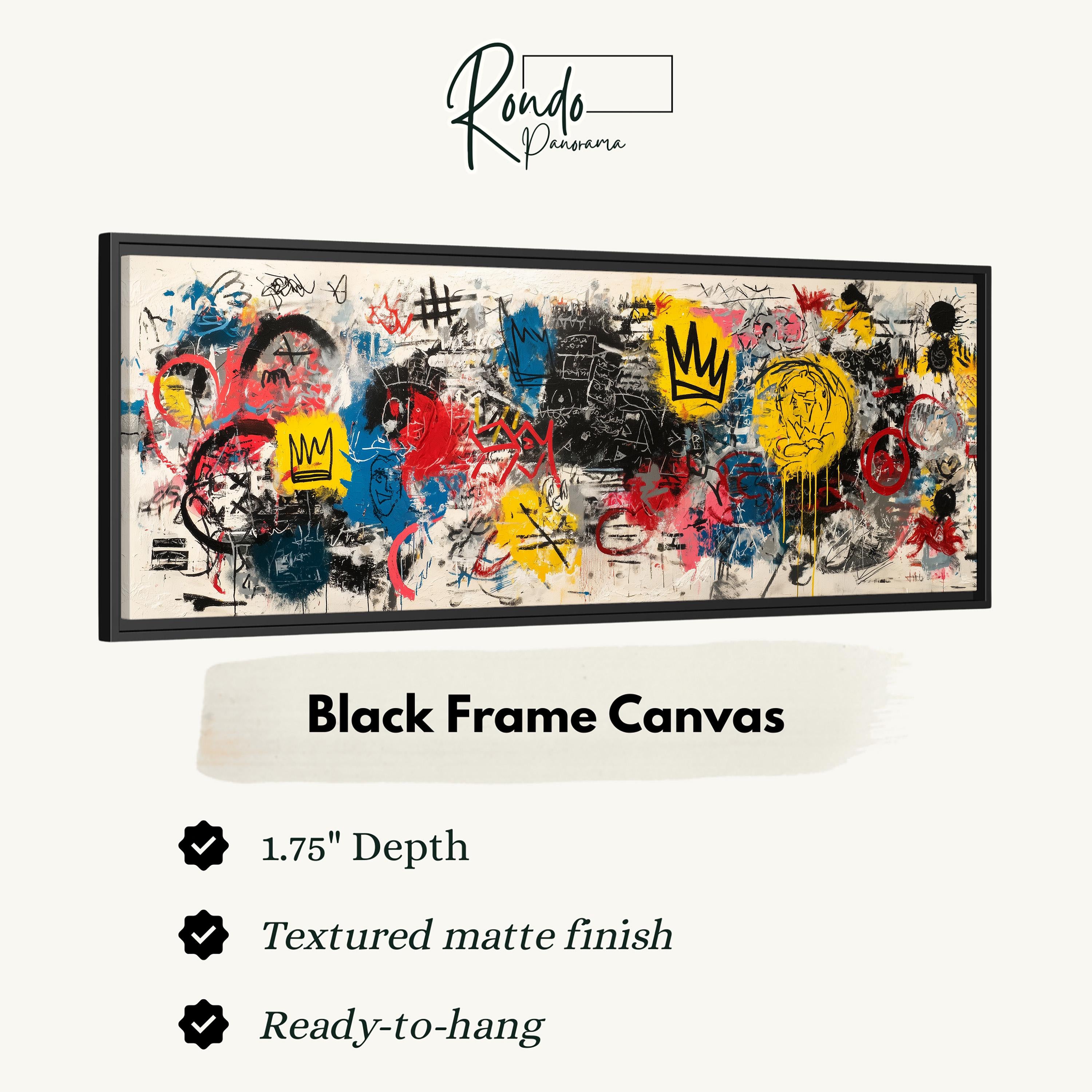 The image is a black frame canvas with a textured matte finish, measuring 1.75" in depth. It is ready to hang and has a textured matte finish.