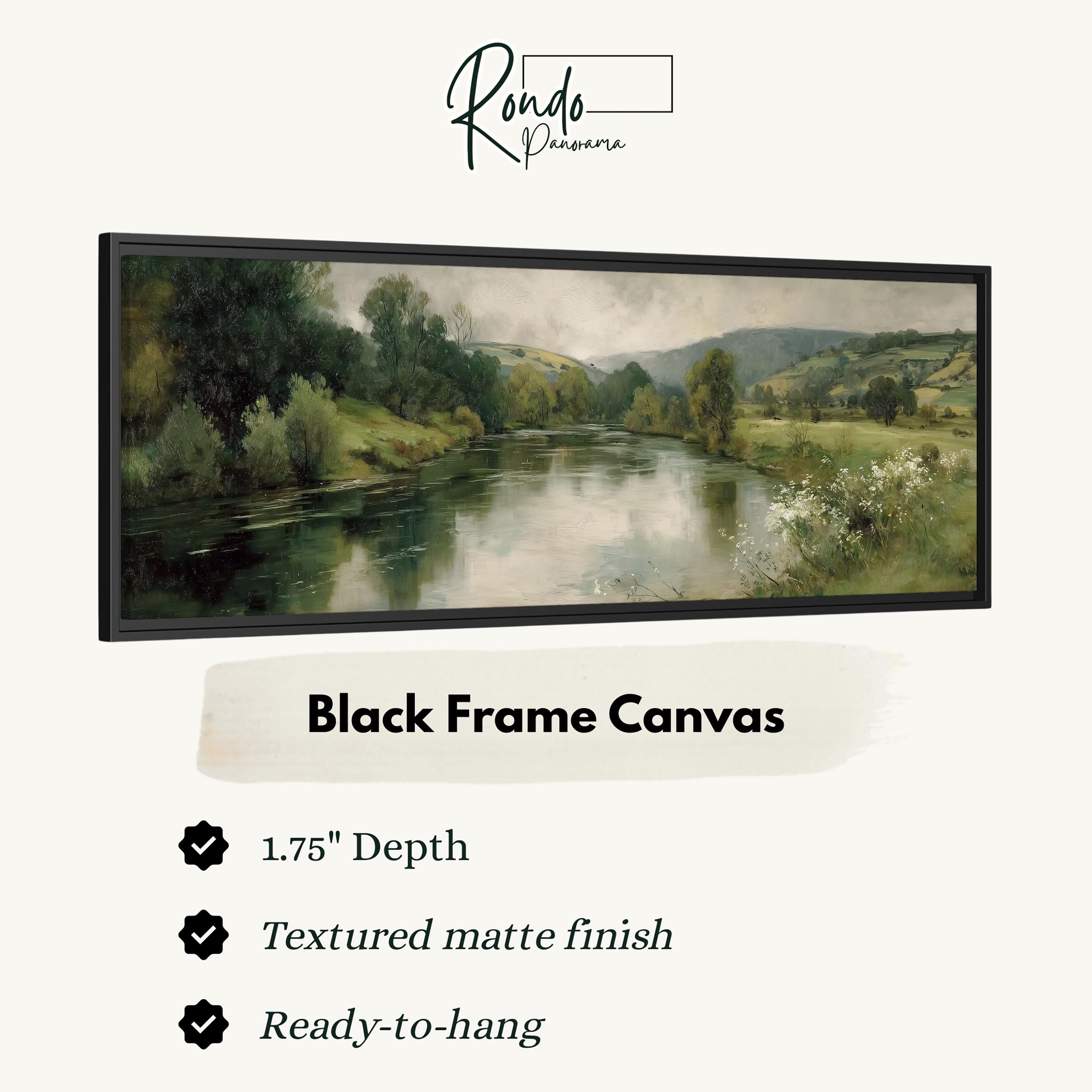 The image is a black frame canvas depicting a serene landscape with a river and trees.
