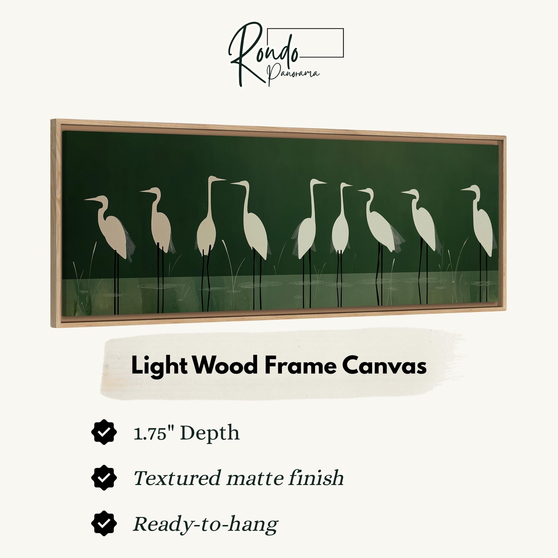 a light wood frame canvas with a green background and a line of white birds standing in the grass.