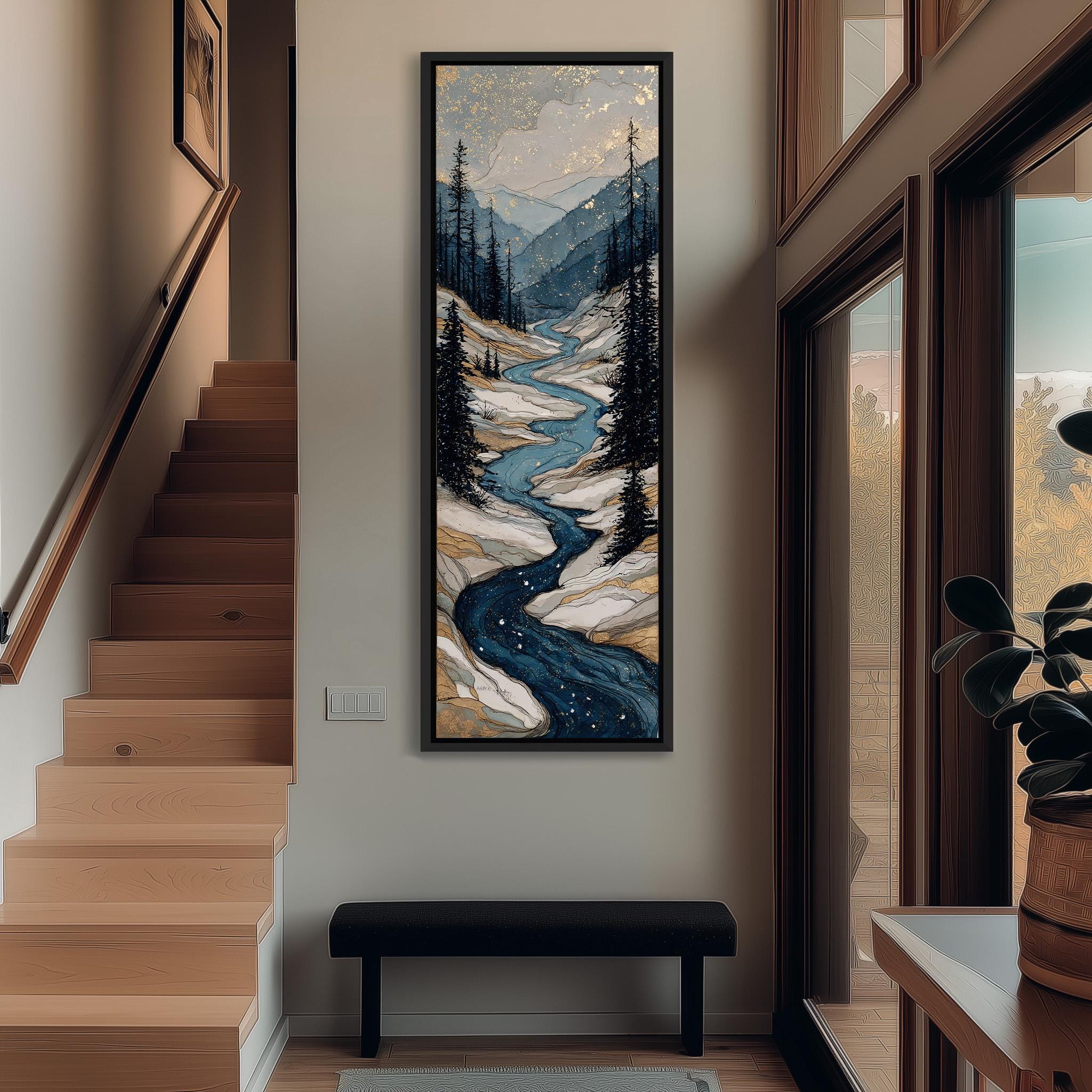 a hallway with a large painting of a mountain landscape hanging on the wall. The painting depicts a winding river surrounded by pine trees and mountains, creating a serene and natural atmosphere. The hallway has a wooden staircase leading up to the painting, and a bench is placed in front of it. The overall scene conveys a sense of tranquility and connection to nature.