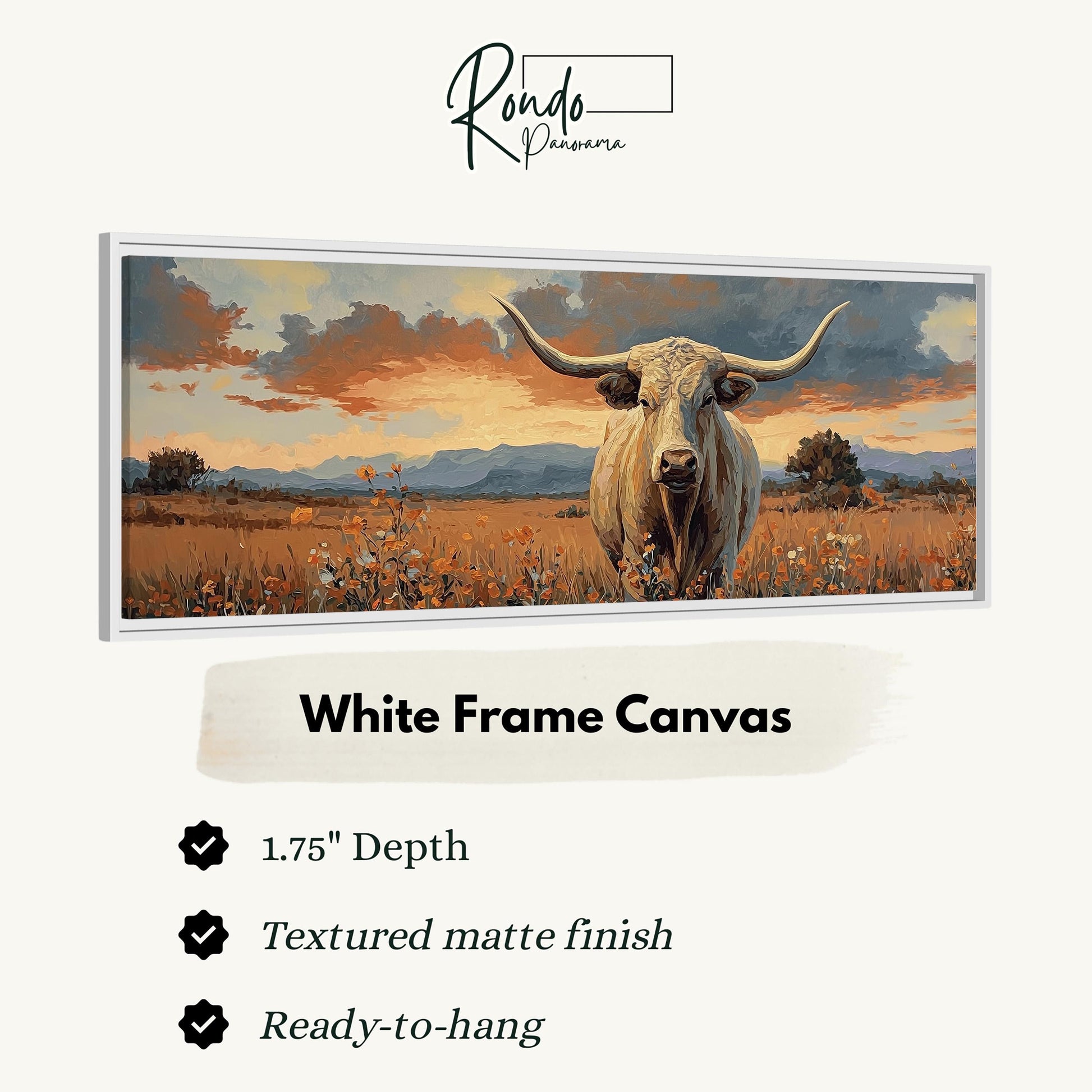 The image is a painting of a bull in a field with mountains in the background.