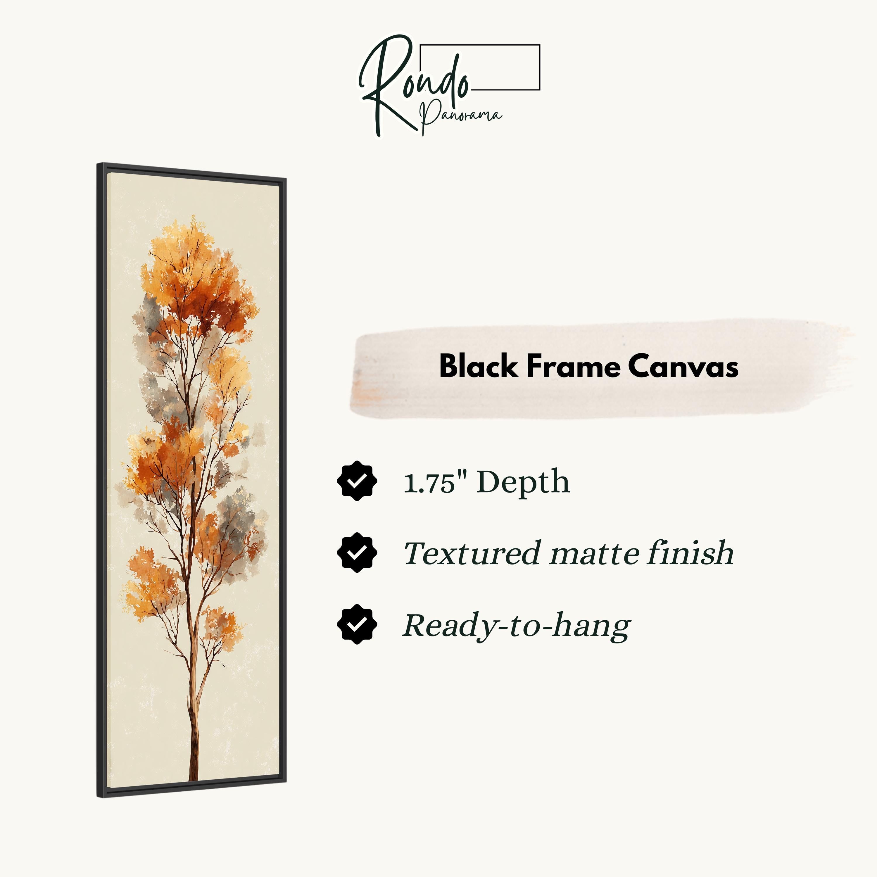 The image is a black frame canvas featuring a painting of a tree with orange leaves. The canvas has a 1.75" depth, a textured matte finish, and is ready to hang.
