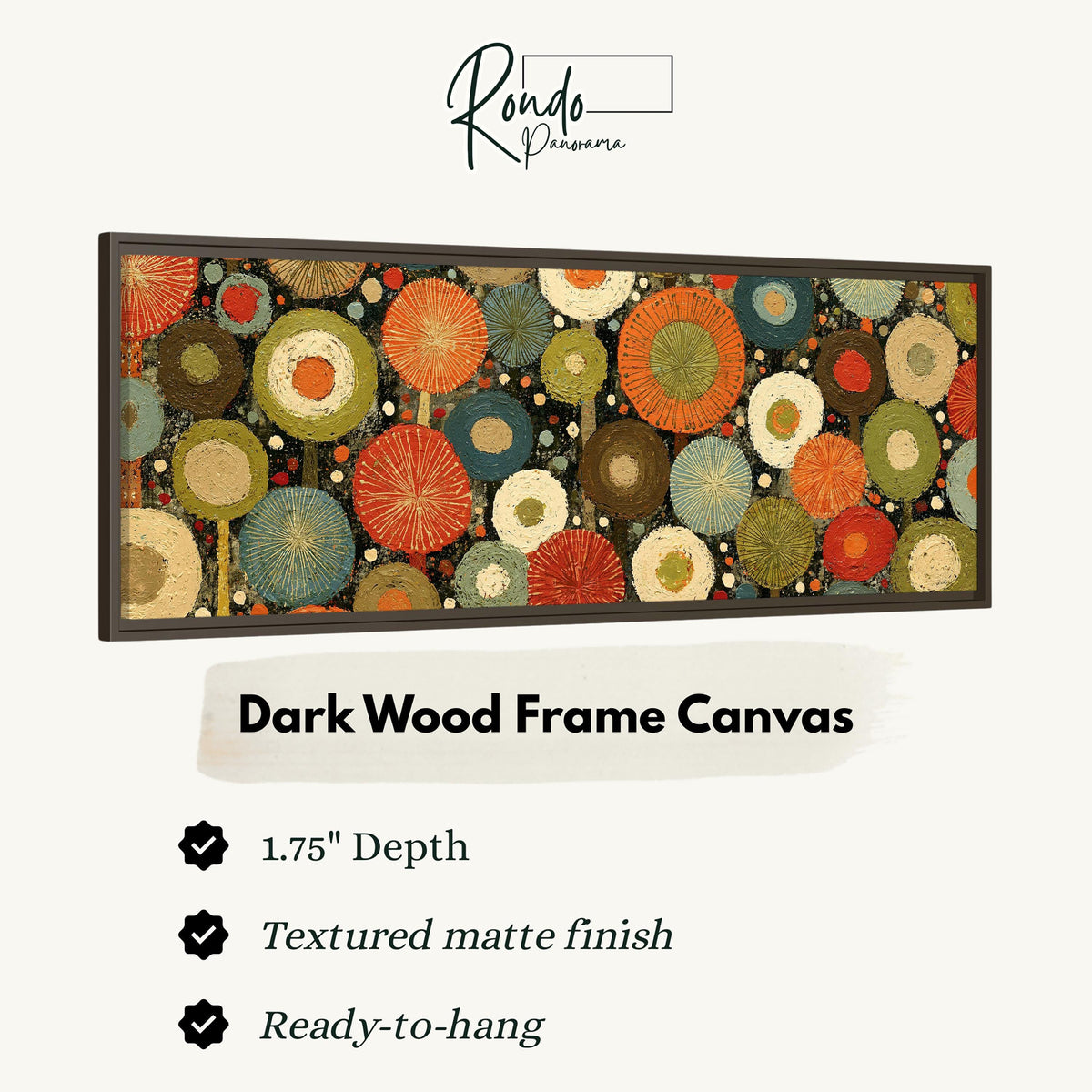 Layered circle dot pattern canvas print in a dark wood floating frame