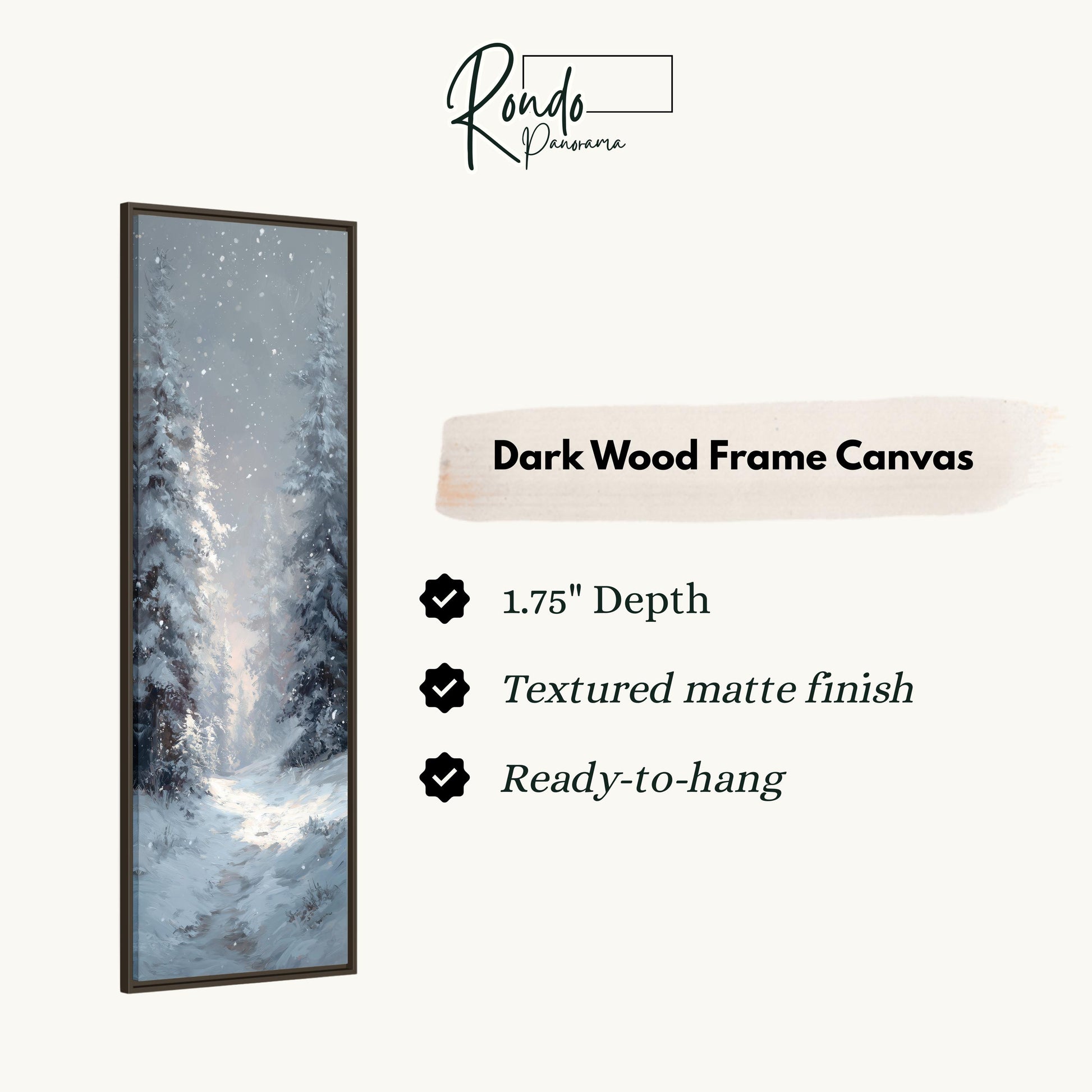 The image is a rectangular dark wood frame canvas depicting a snowy winter scene with snow-covered trees.