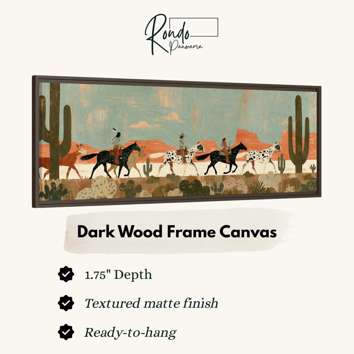 Riders on spotted horses across a red rock desert canvas print in a dark wood floating frame