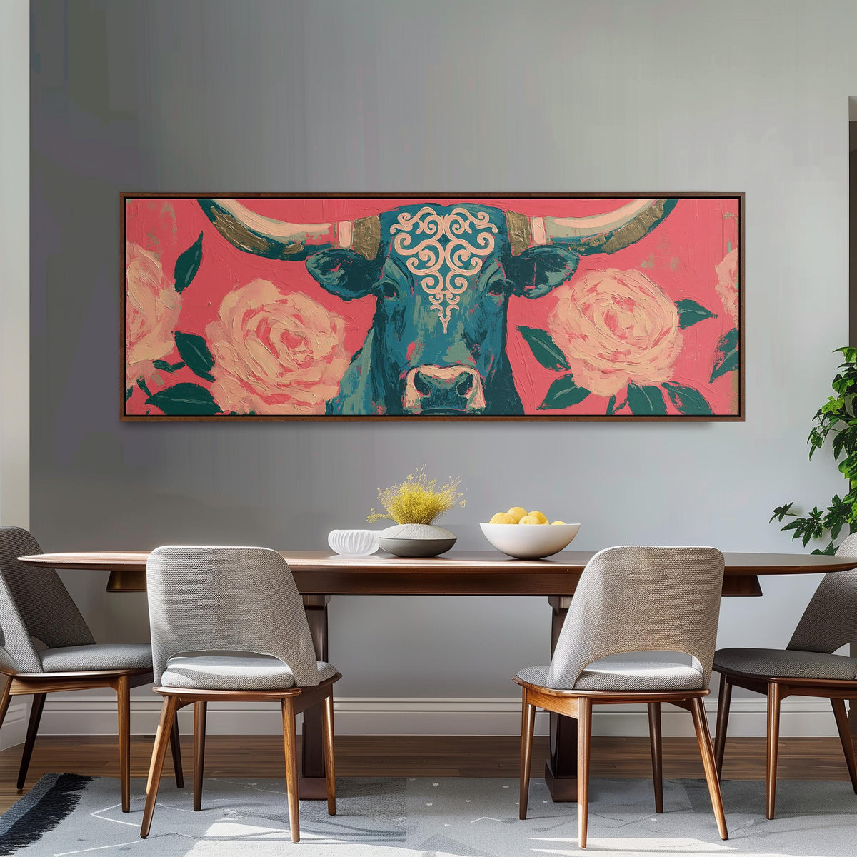 Longhorn with pink roses long horizontal canvas print above a dining table