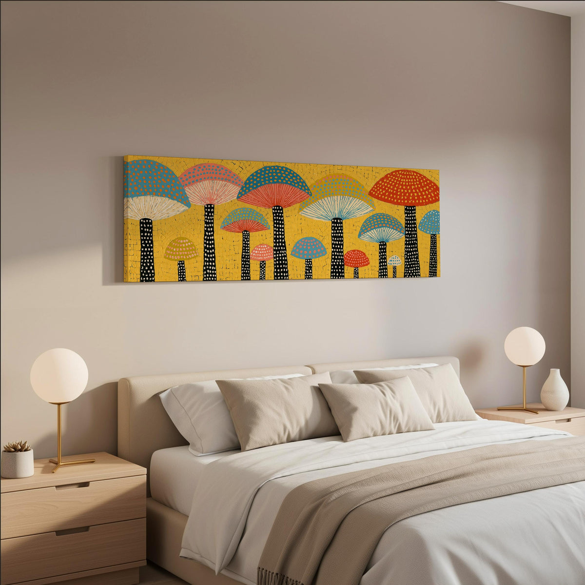Golden mushroom parade wide panoramic canvas print above a bed in a neutral bedroom