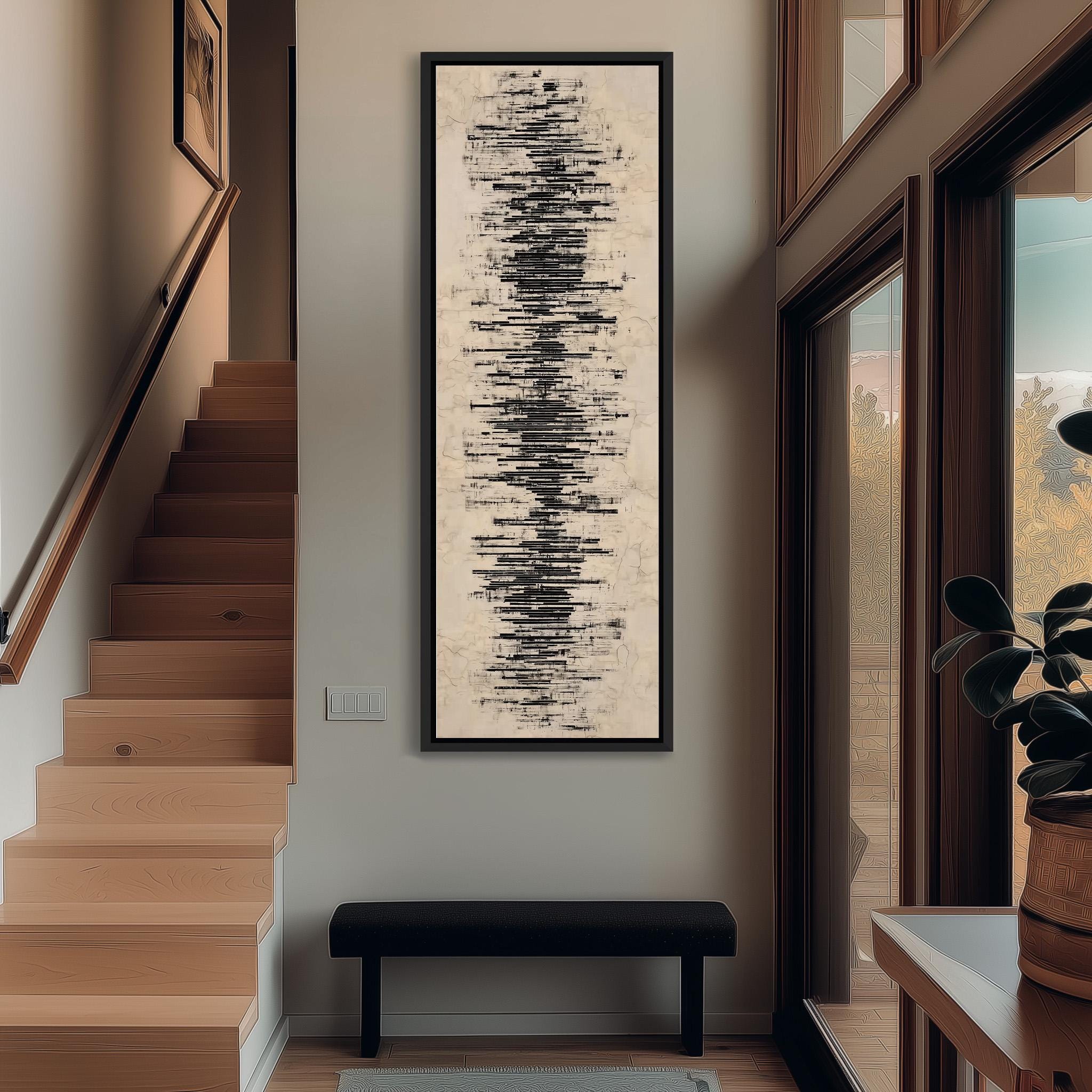 a modern and minimalist interior design with a large abstract painting hanging on the wall, a wooden staircase, a black bench, and a potted plant.