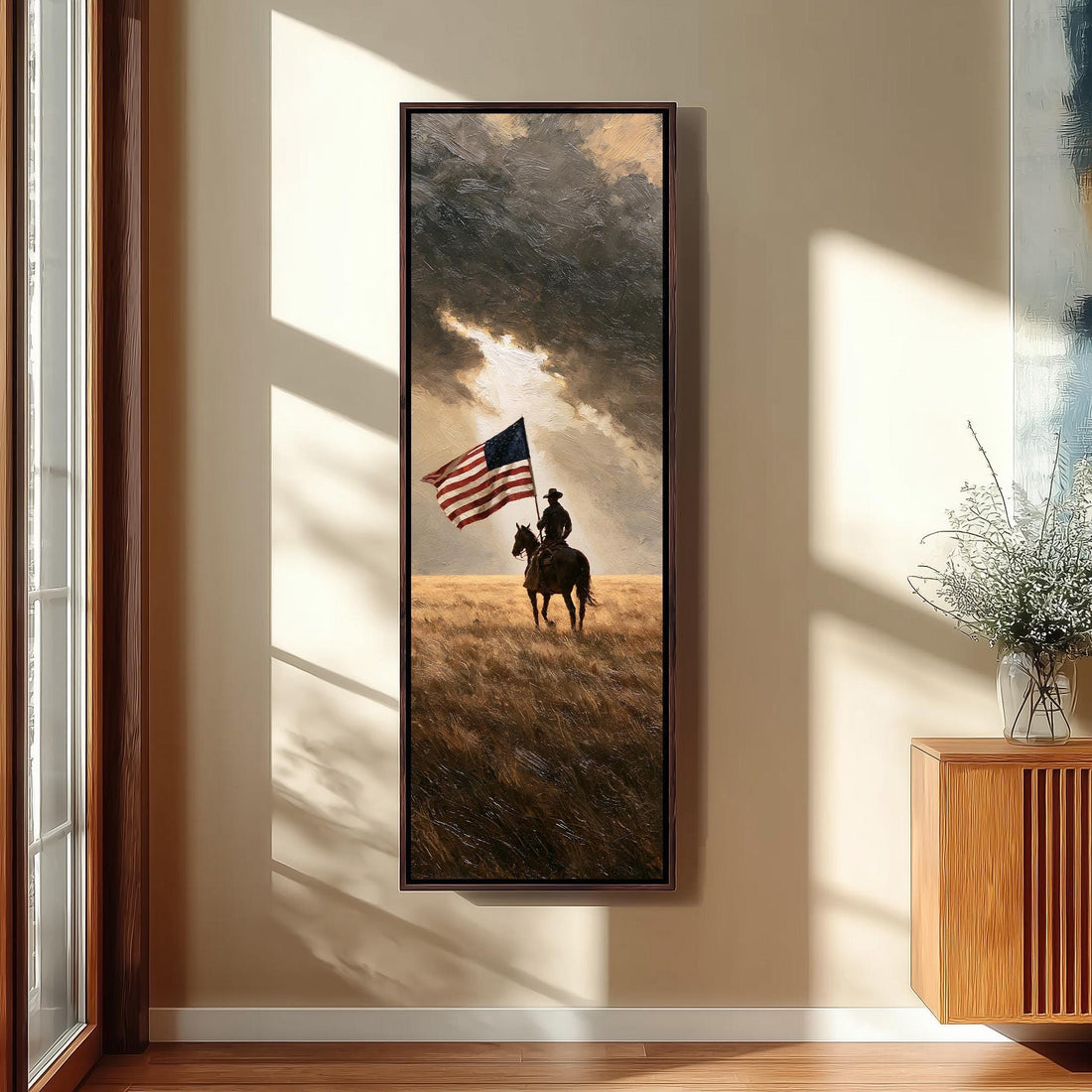 Cowboy carrying an American flag across the plains long vertical canvas print in a sunlit living space