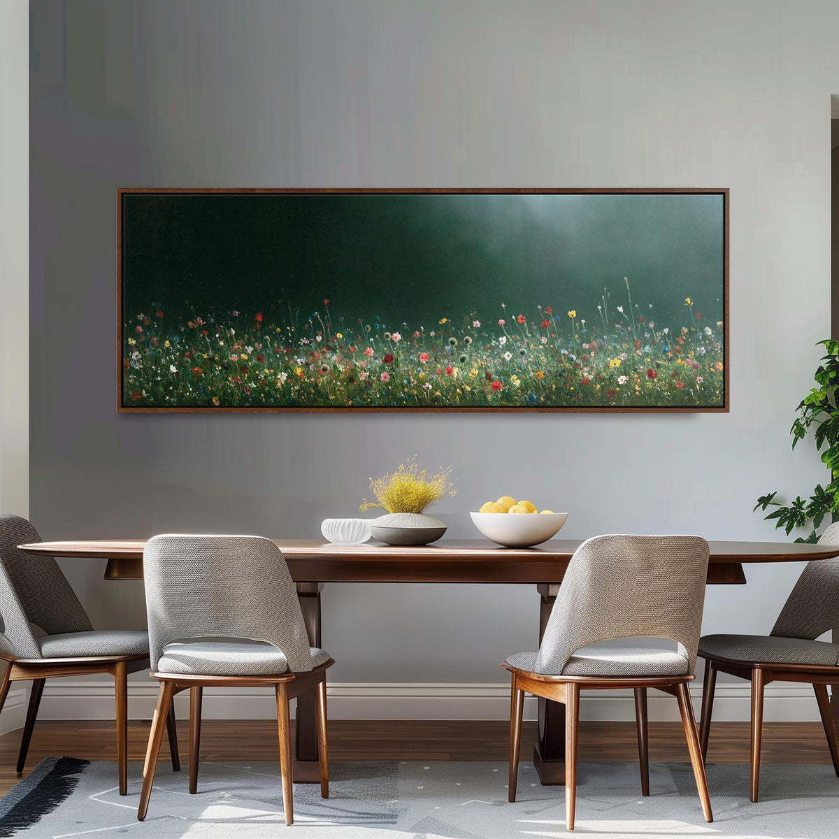 Wildflower field under a misty teal sky long horizontal canvas print above a dining table