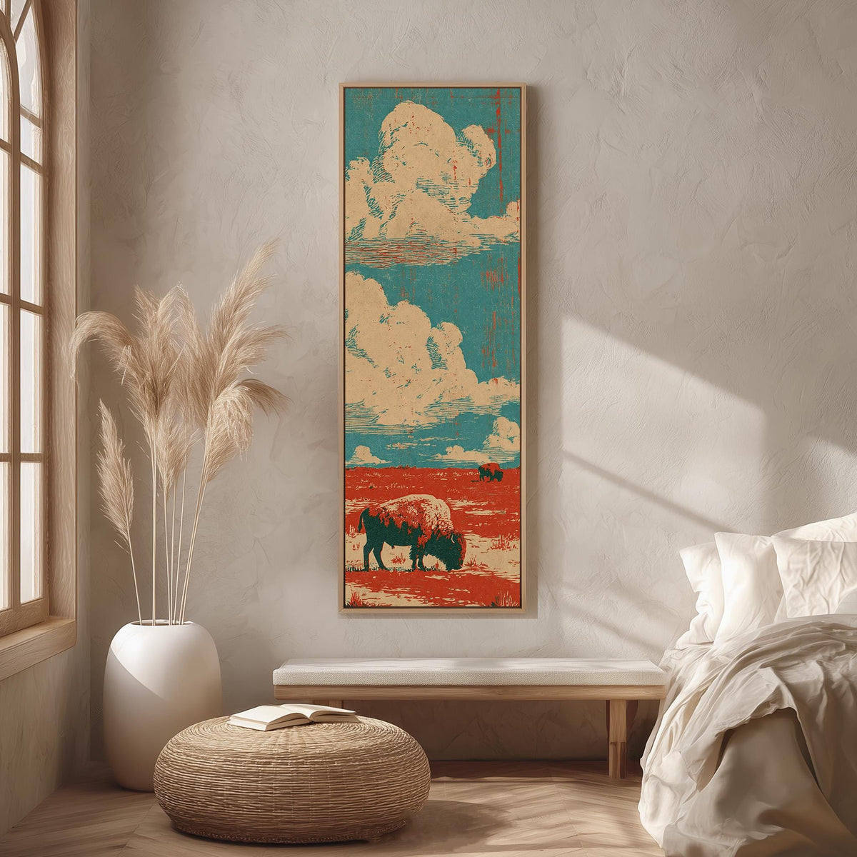 Bison on a red prairie under clouds long vertical canvas print in a bright reading corner
