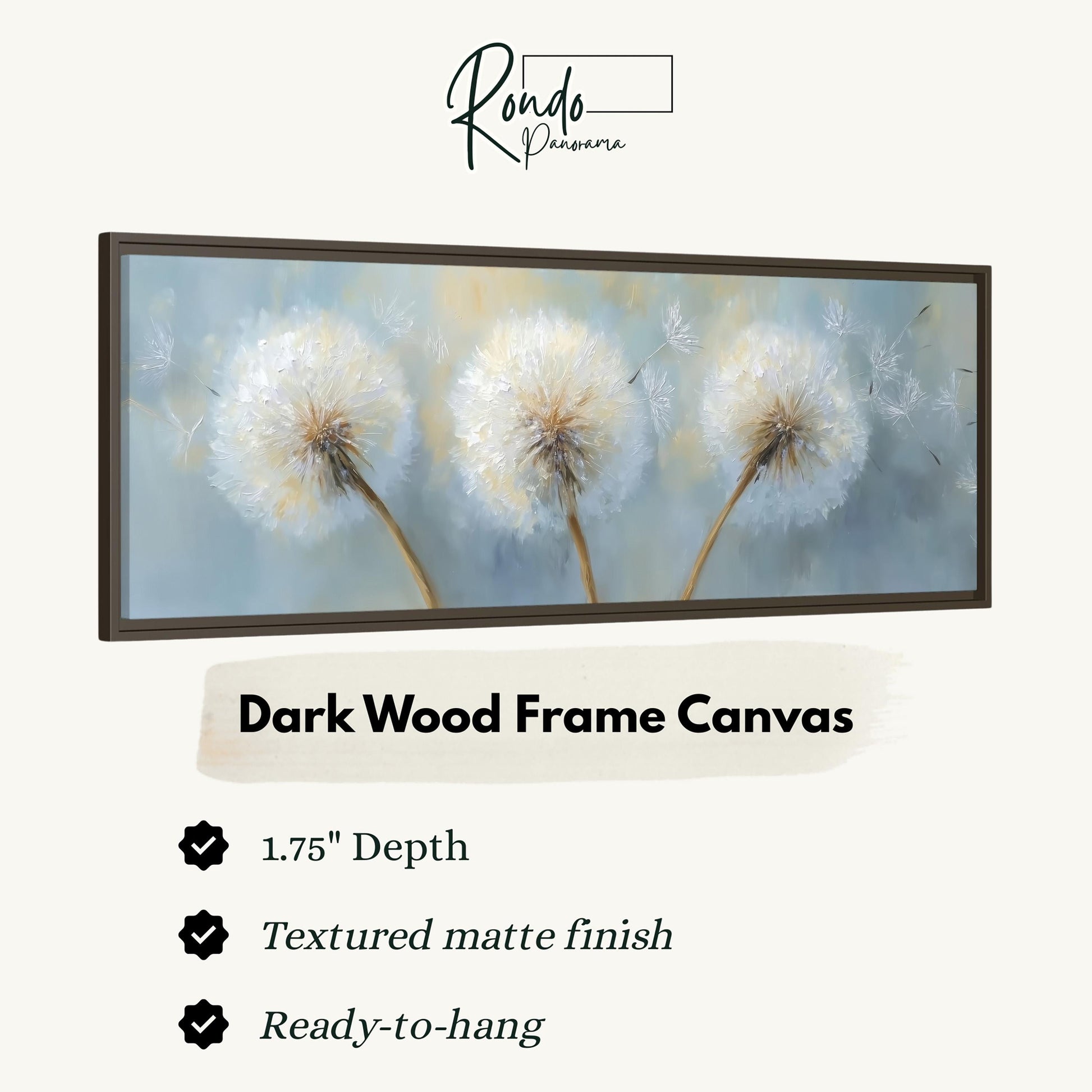 The image is a framed artwork depicting three dandelions in a dark wood frame.