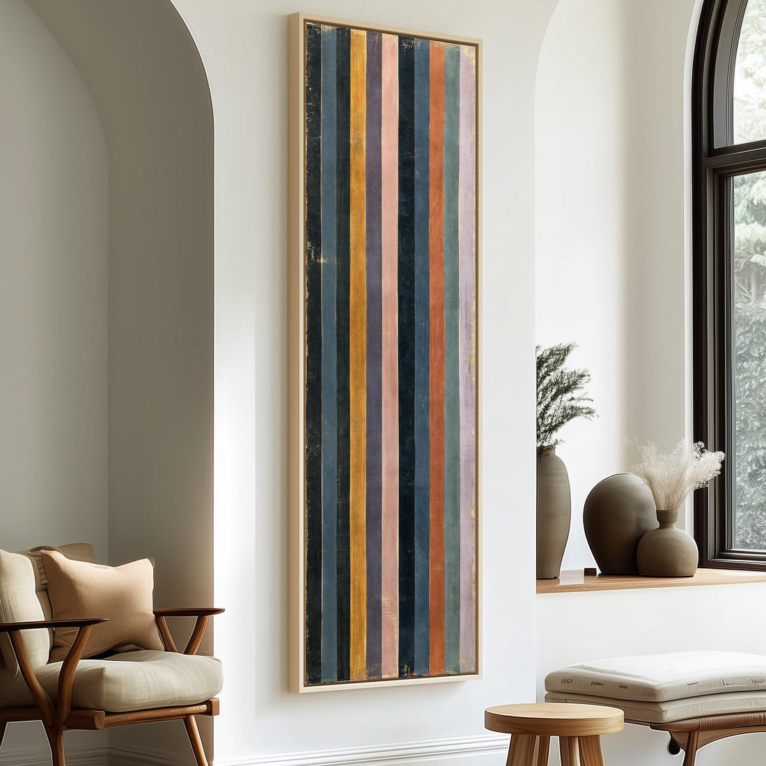 Vertical stripes in navy, rust and mauve long vertical canvas print in a sunlit living space